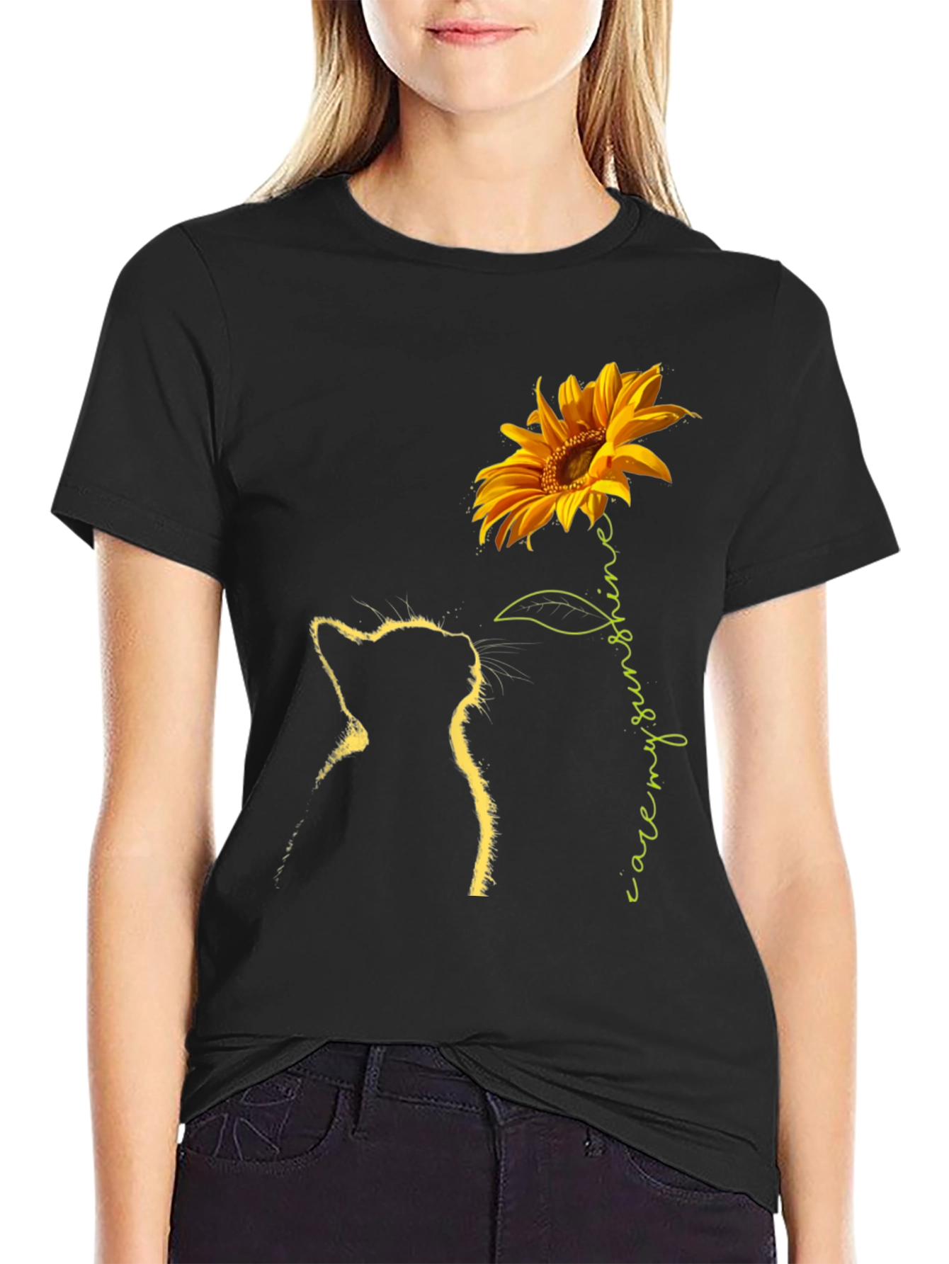 Black Sunflower Cat Graphic Tee - Black T-Shirt view 2