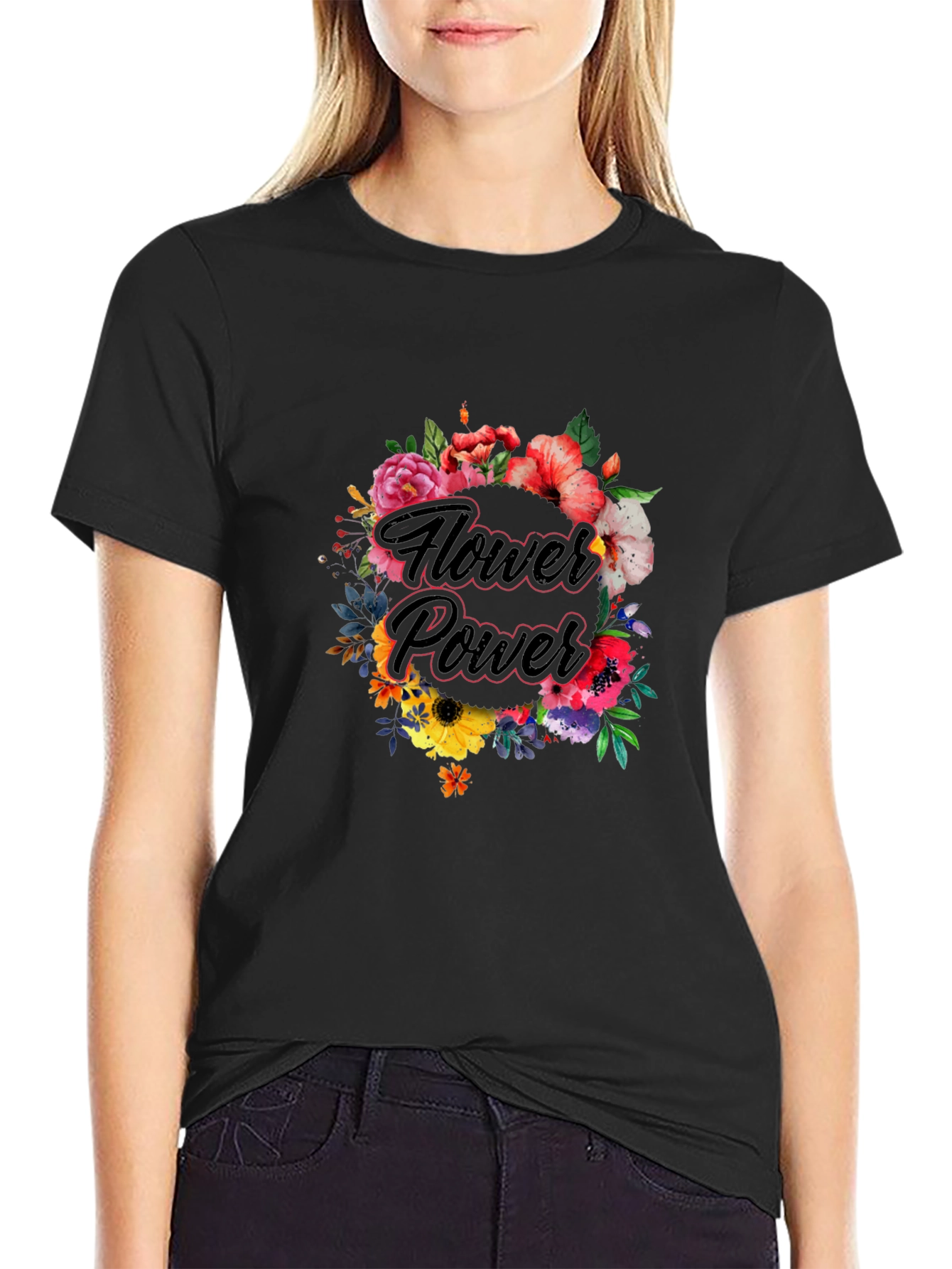 Black Flower Power Graphic Tee - Black Cotton T-Shirt view 2