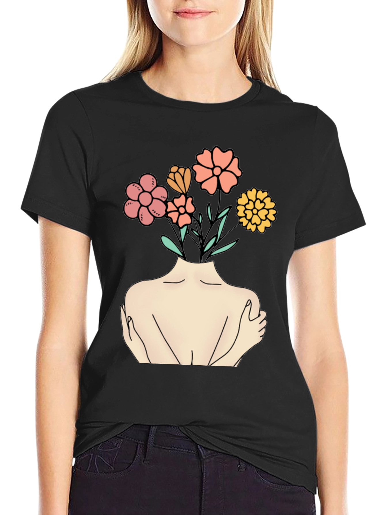 Black Floral Head Black Tee - Self Love Graphic Shirt view 2