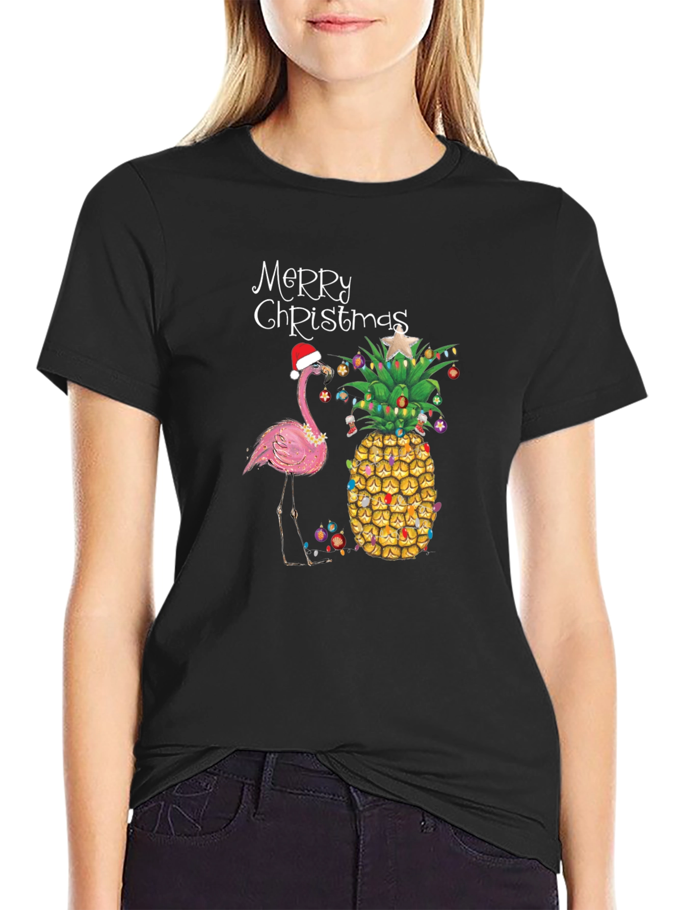 Black Festive Flamingo Pineapple Christmas Tee view 2