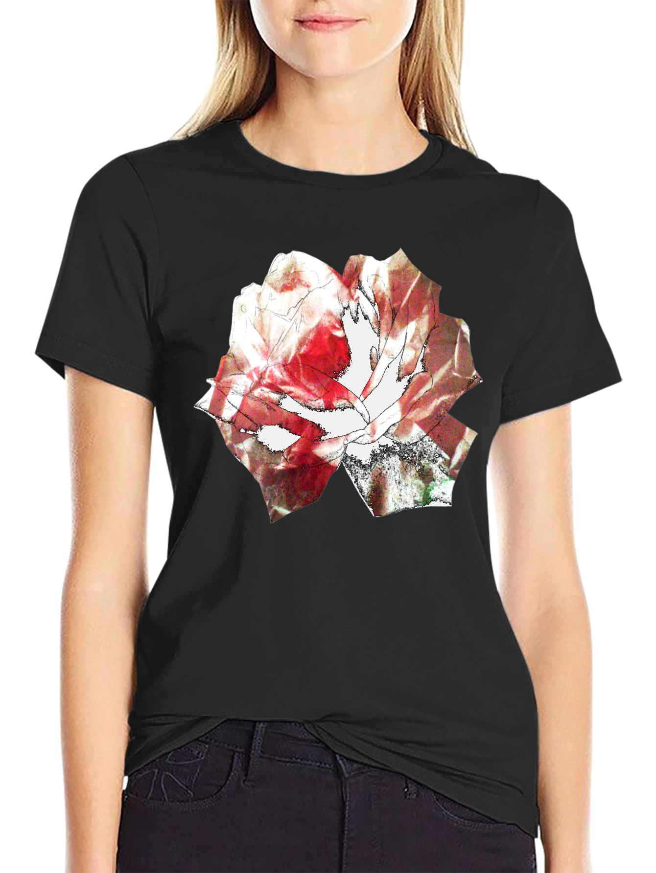 Black Abstract Rose Print Black T-Shirt view 2