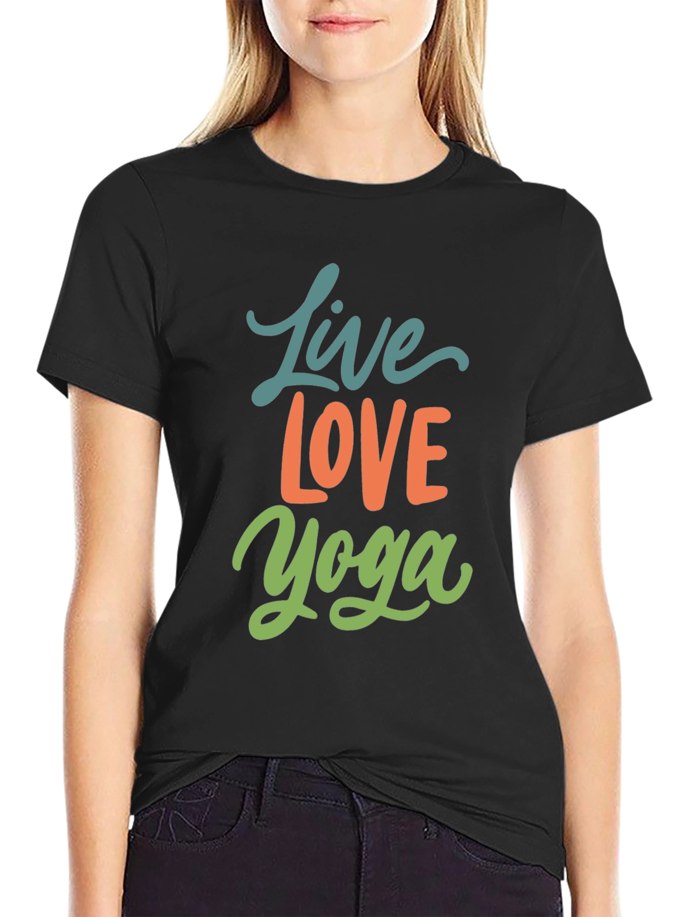 Black Live Love Yoga Graphic Tee - Black Cotton Casual T-Shirt view 2