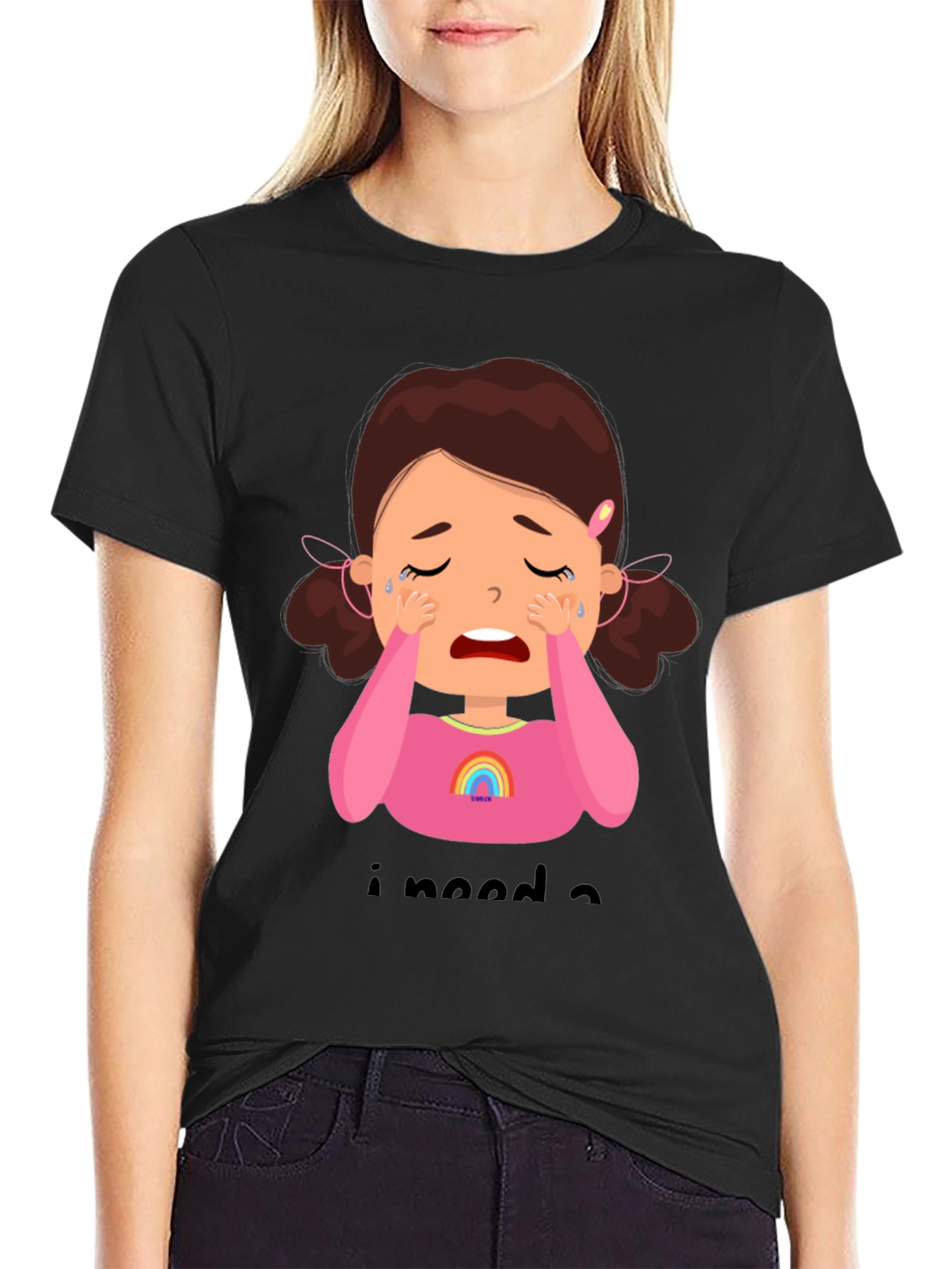 Black Crying Cartoon Girl Graphic Tee - Black Unisex Shirt view 2