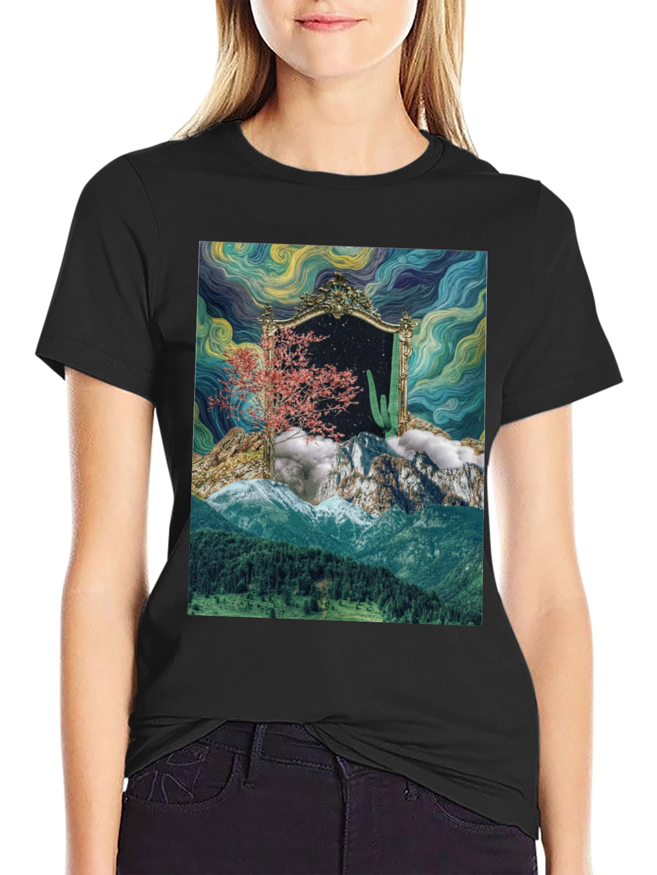 Black Surreal Landscape Mirror Graphic T-Shirt view 2