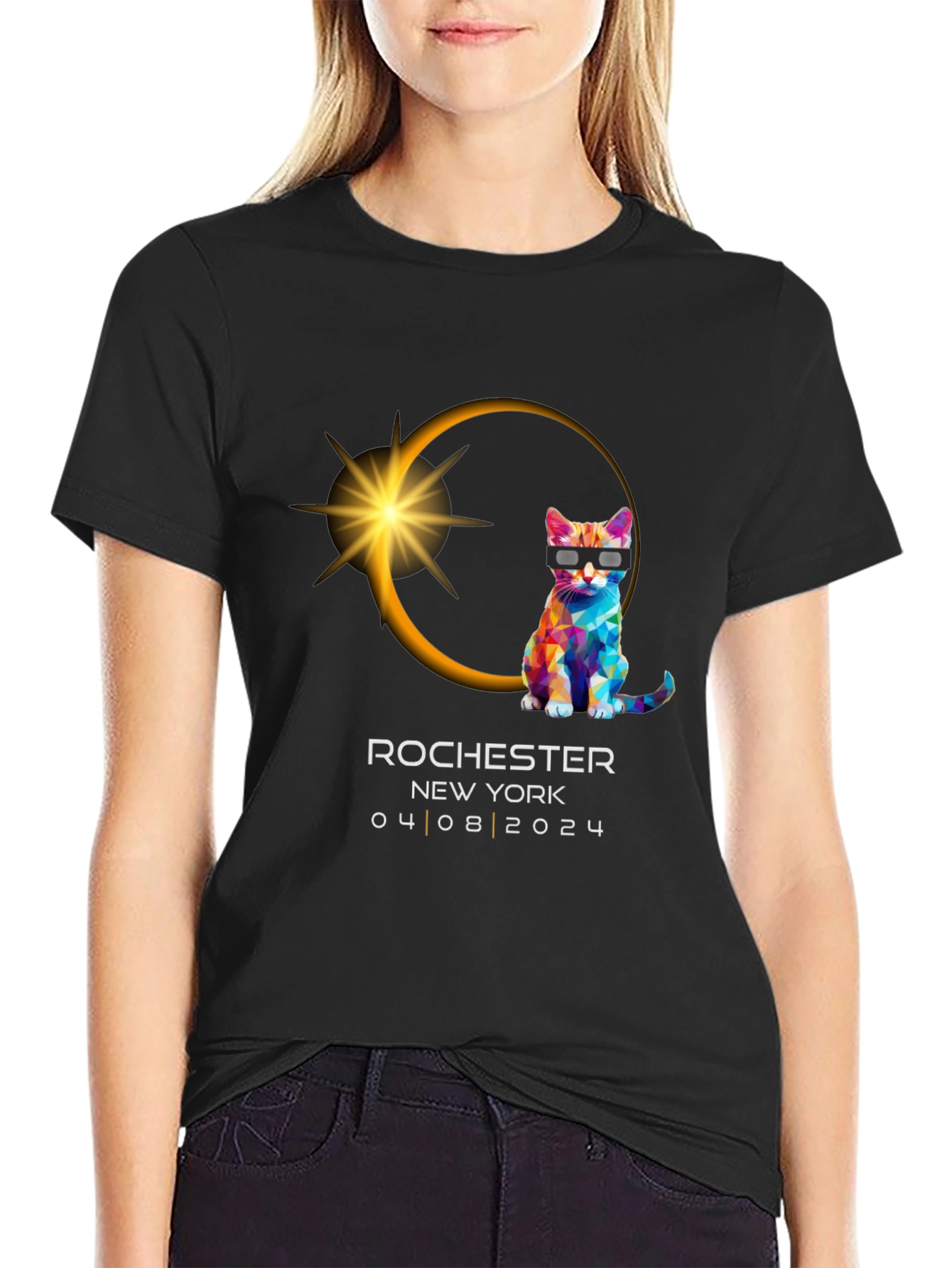 Black Rochester NY Eclipse 2024 Cat T-Shirt view 2