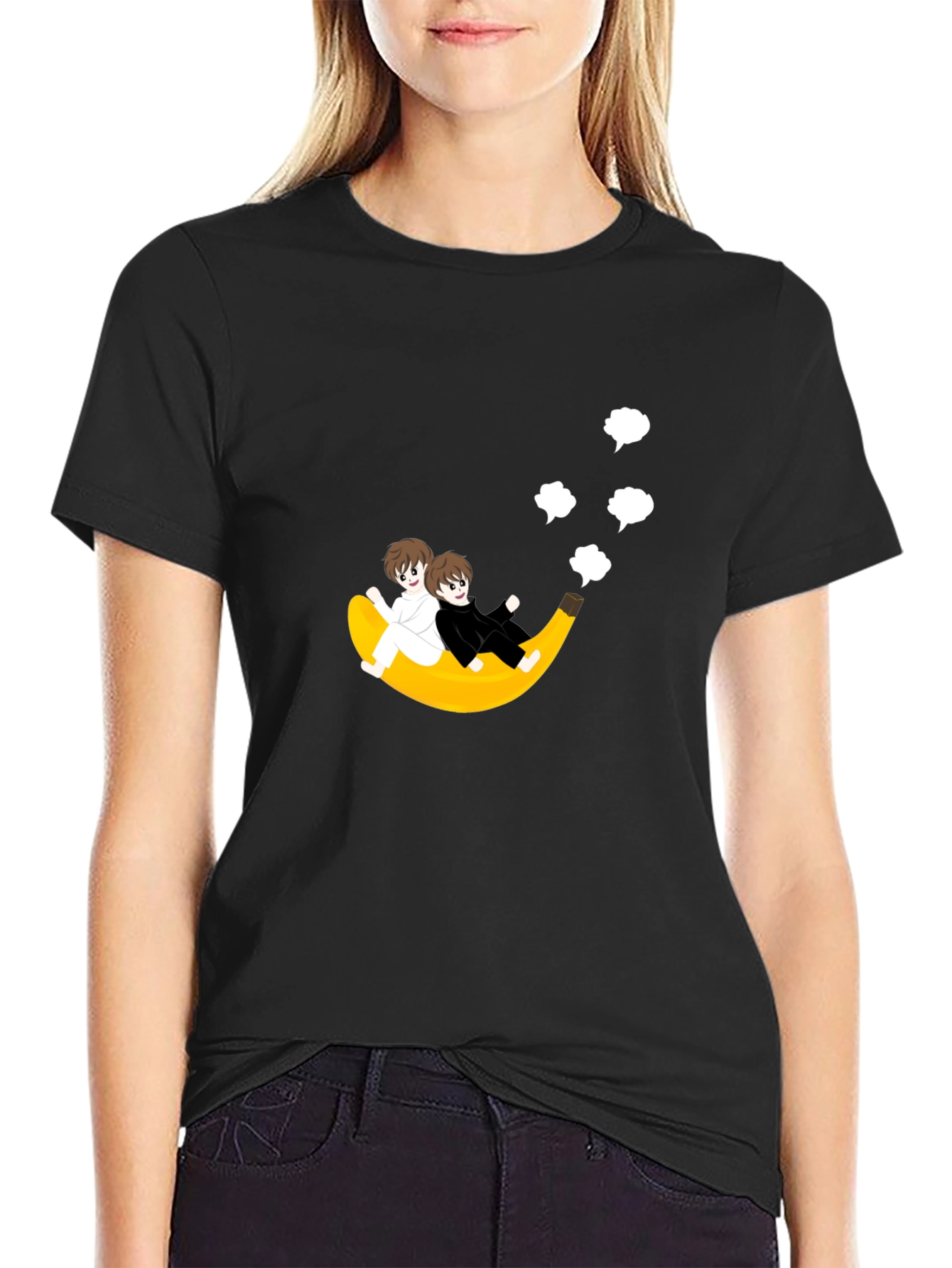 Black Whimsical Banana Ride T-Shirt - Unique Cartoon Design view 2