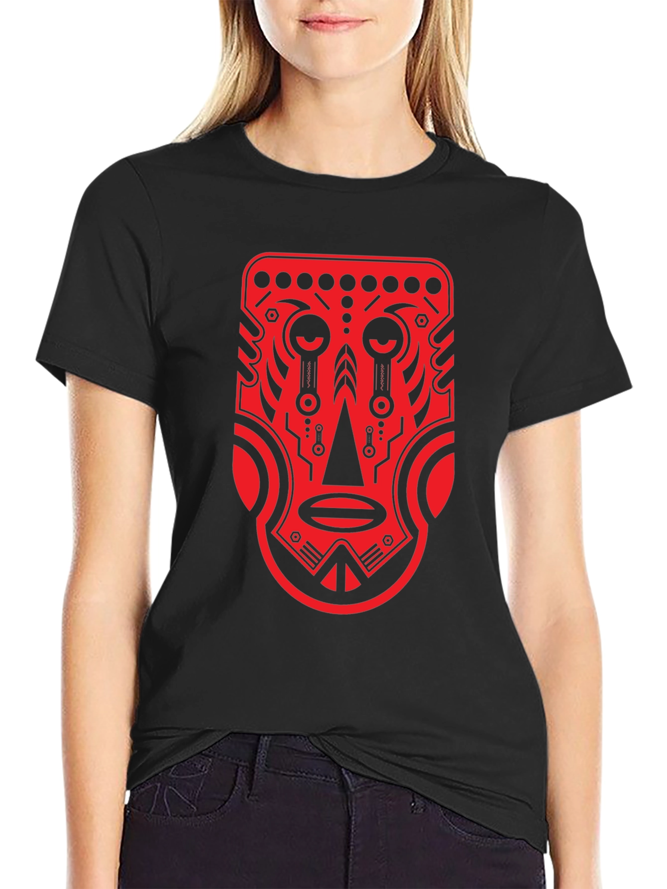 Black Tribal Mask Graphic Tee - Bold Red Design view 2