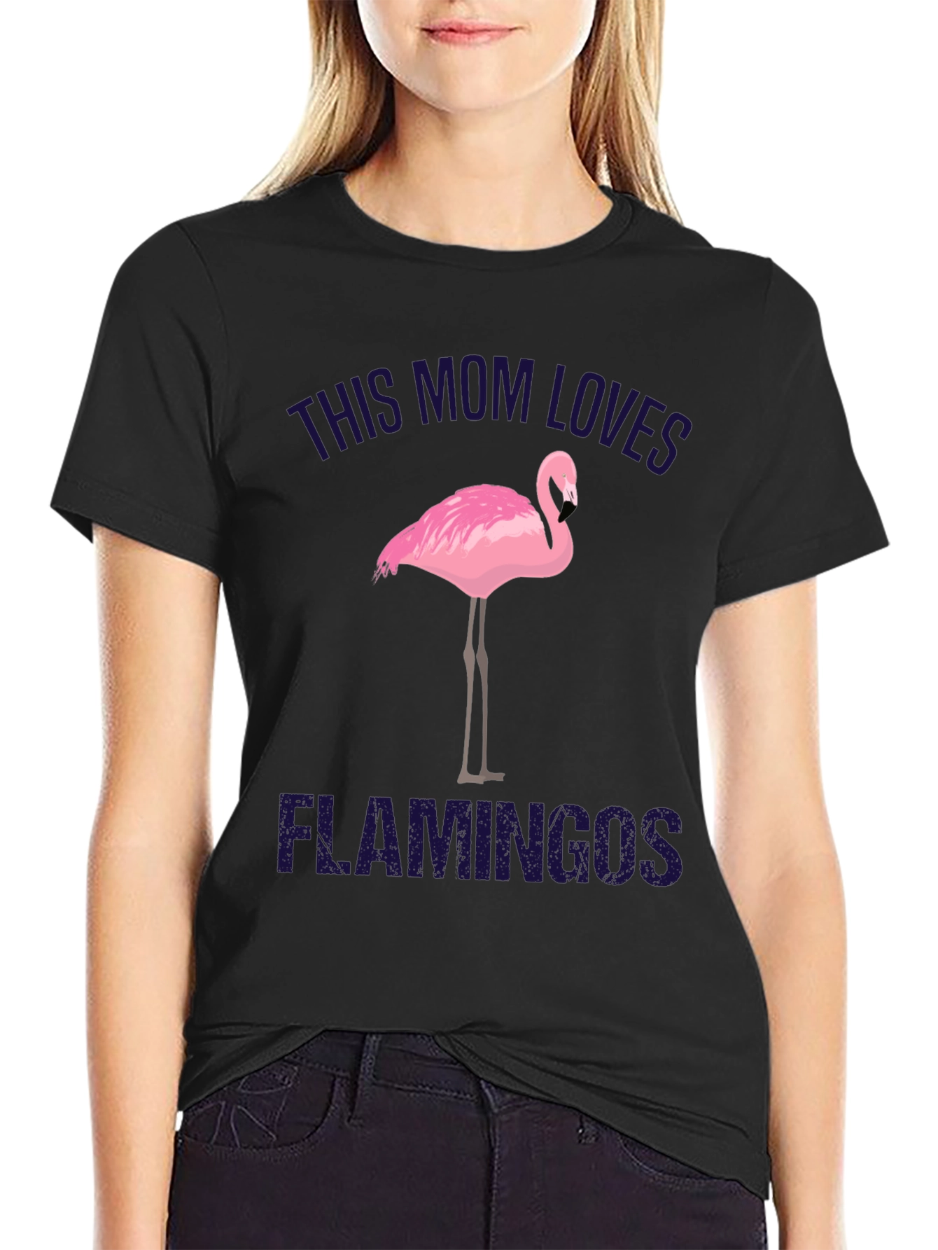 Black This Mom Loves Flamingos Black T-Shirt view 2