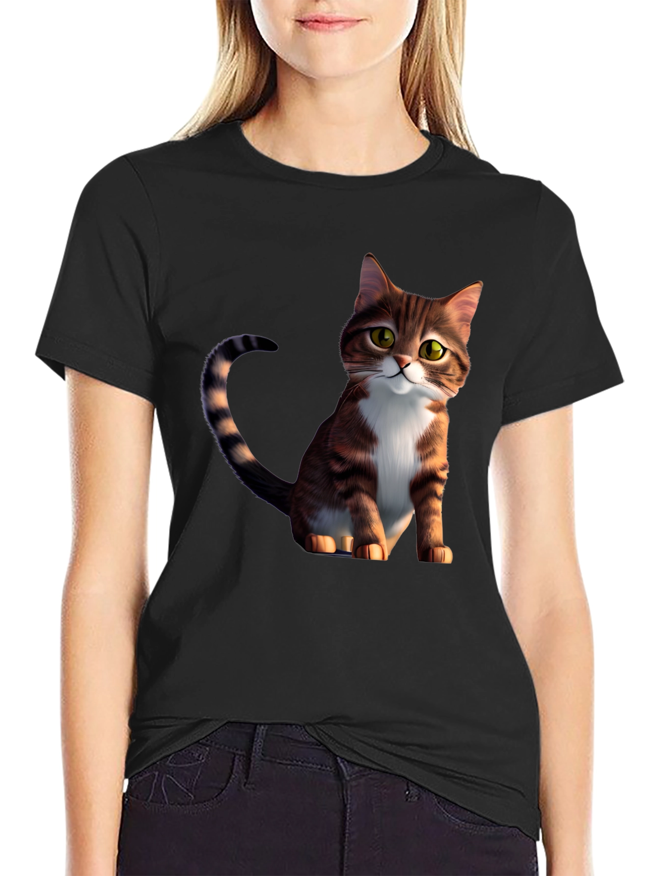 Black Cartoon Cat Graphic Black T-Shirt view 2