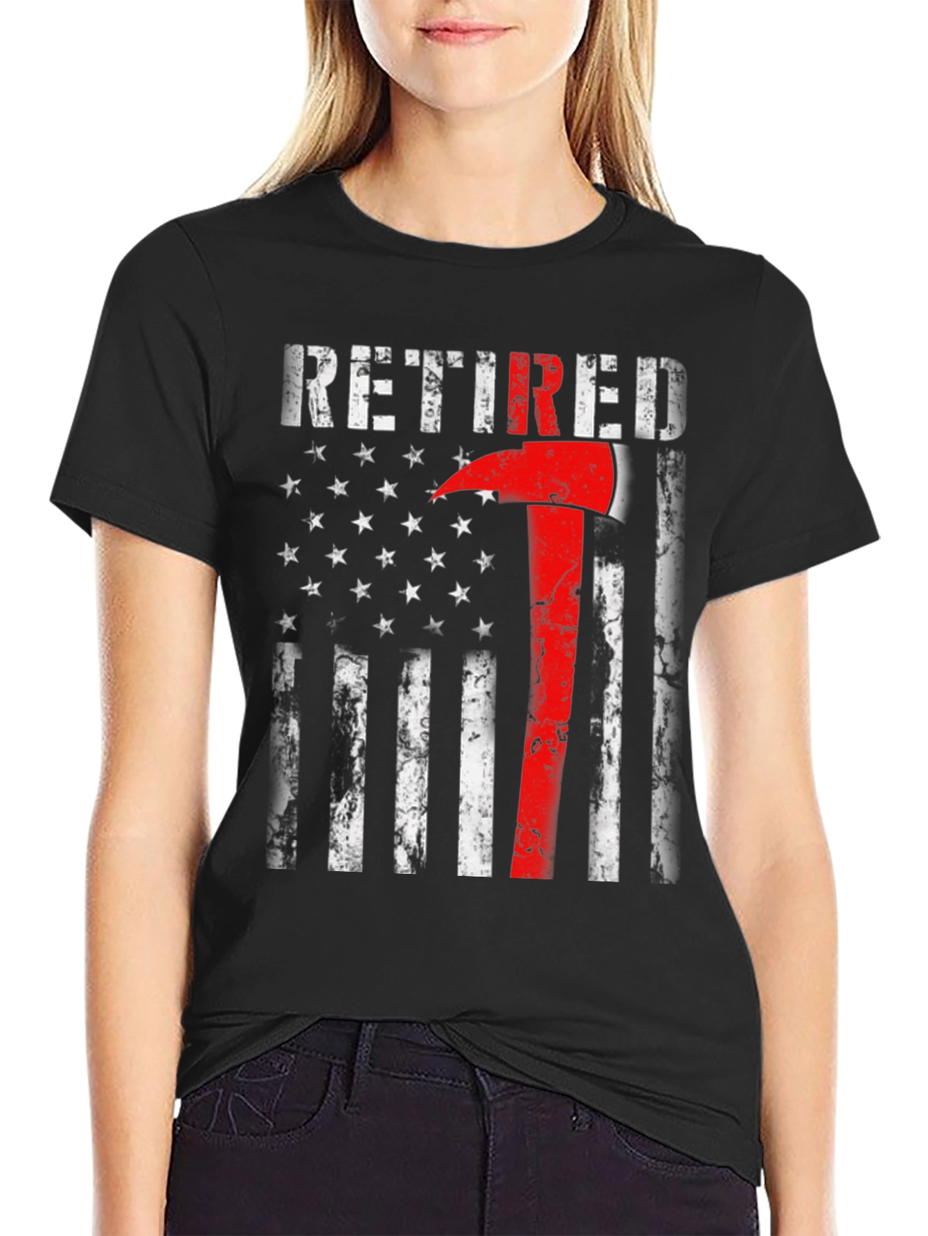 Black Retired Firefighter Axe American Flag T-Shirt view 2