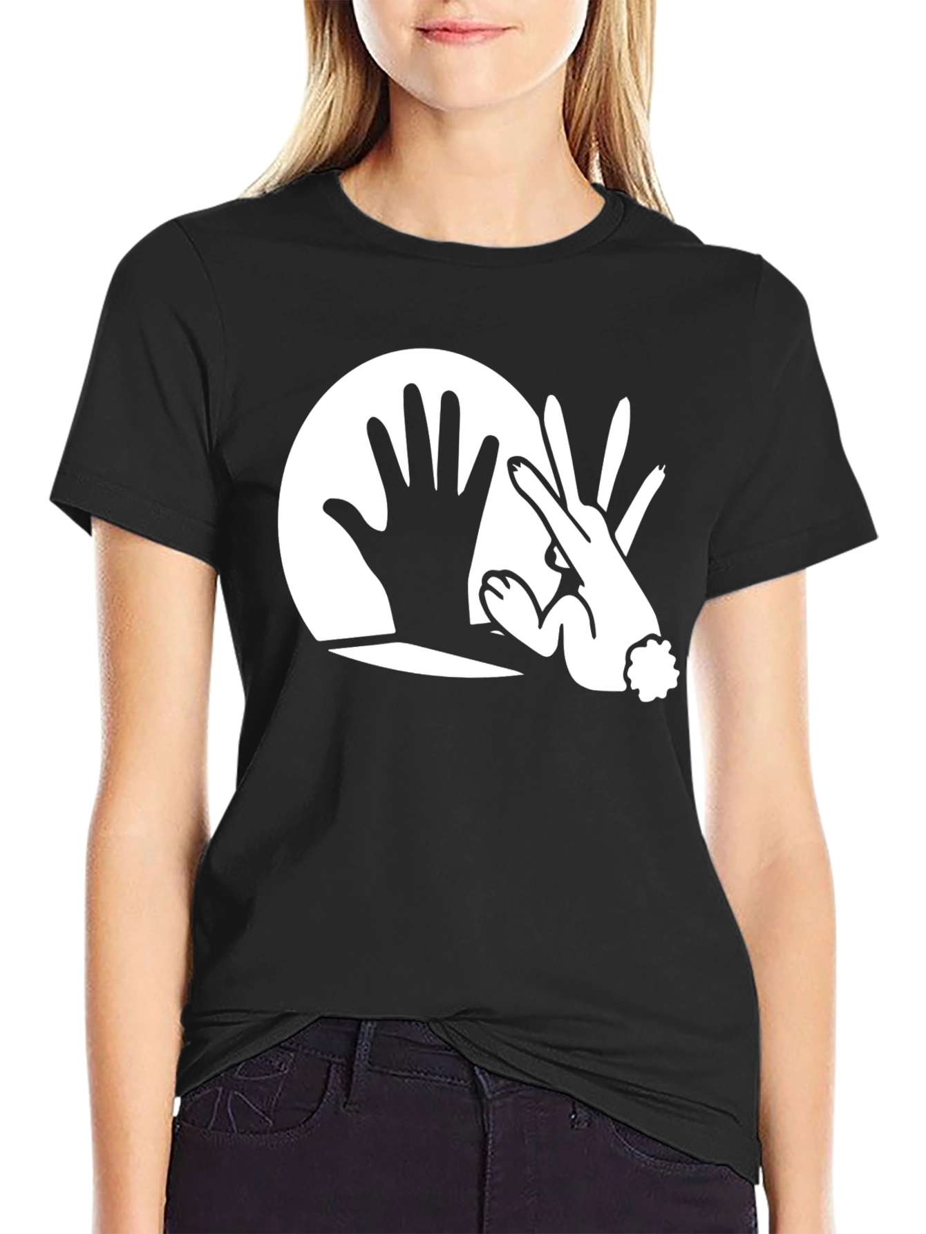 Black Hand Rabbit Shadow Graphic Black T-Shirt view 2