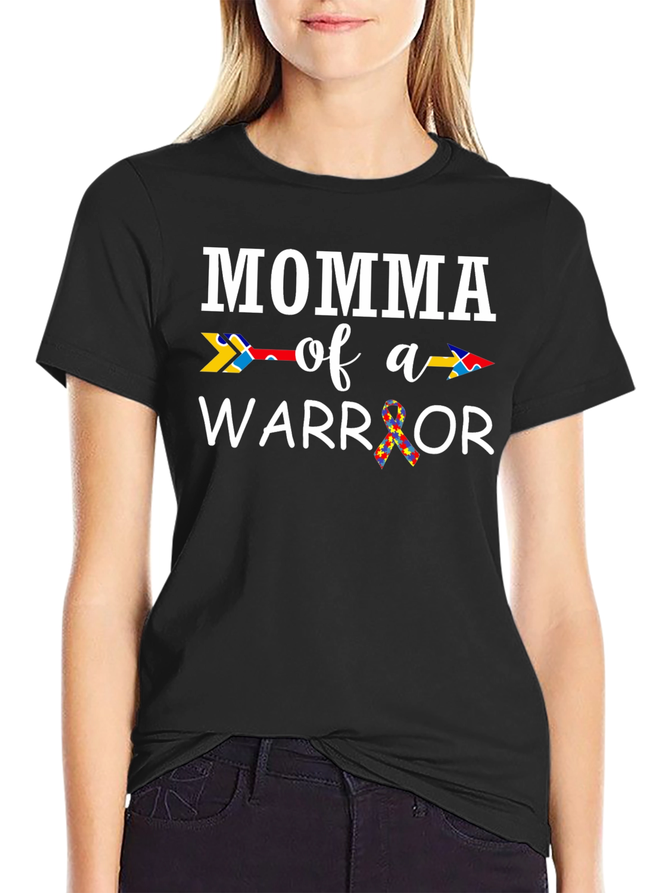 Black Momma of a Warrior Autism Awareness T-Shirt view 2