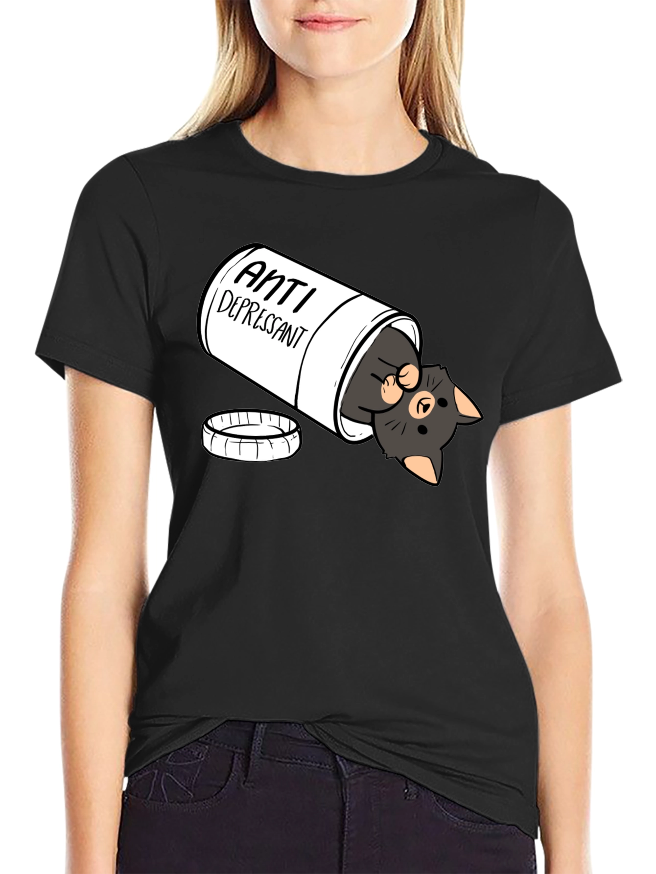 Black Anti-Depressant Cat T-Shirt - Black Crew Neck view 2