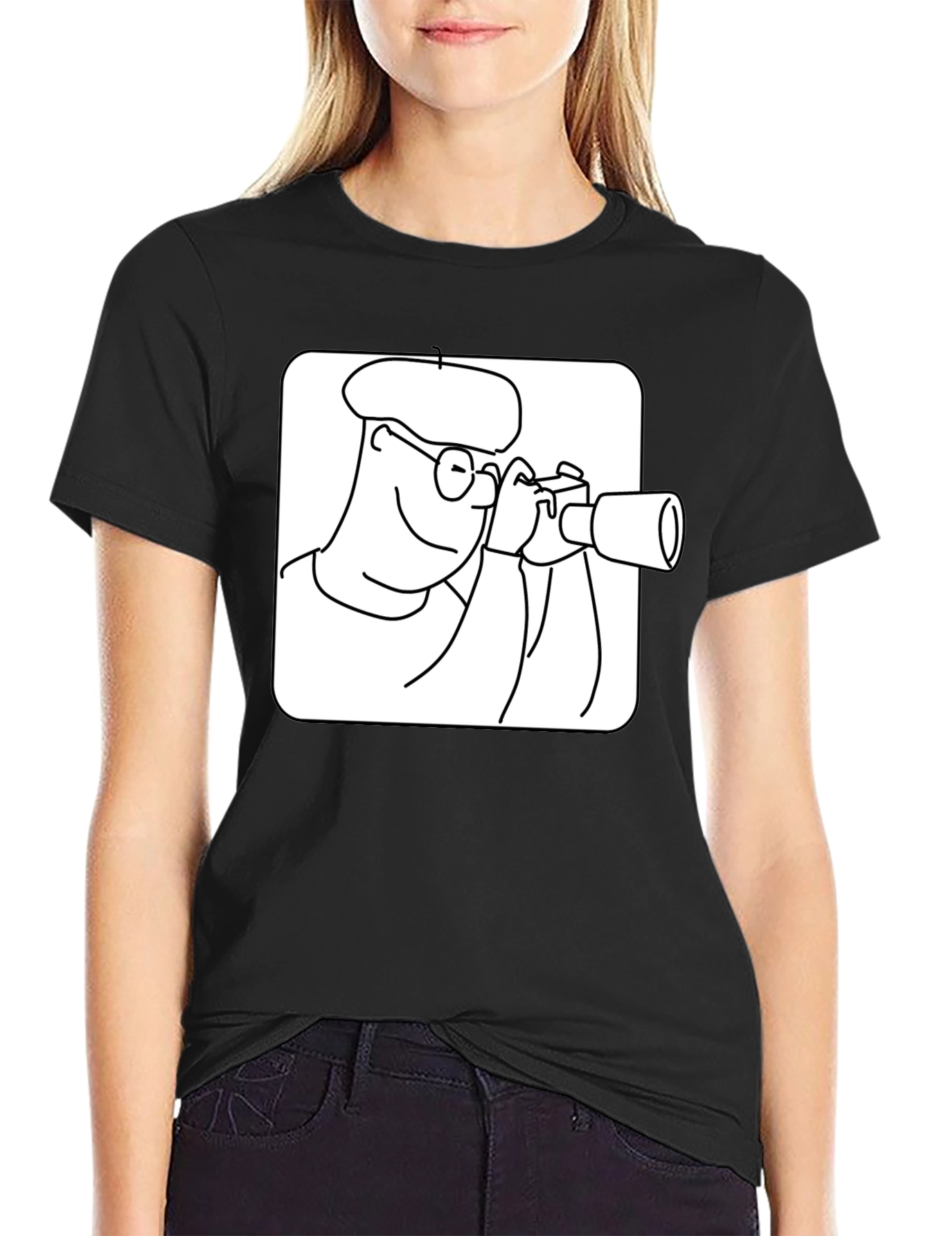 Black Black T-Shirt with Cartoon Photographer Design view 2