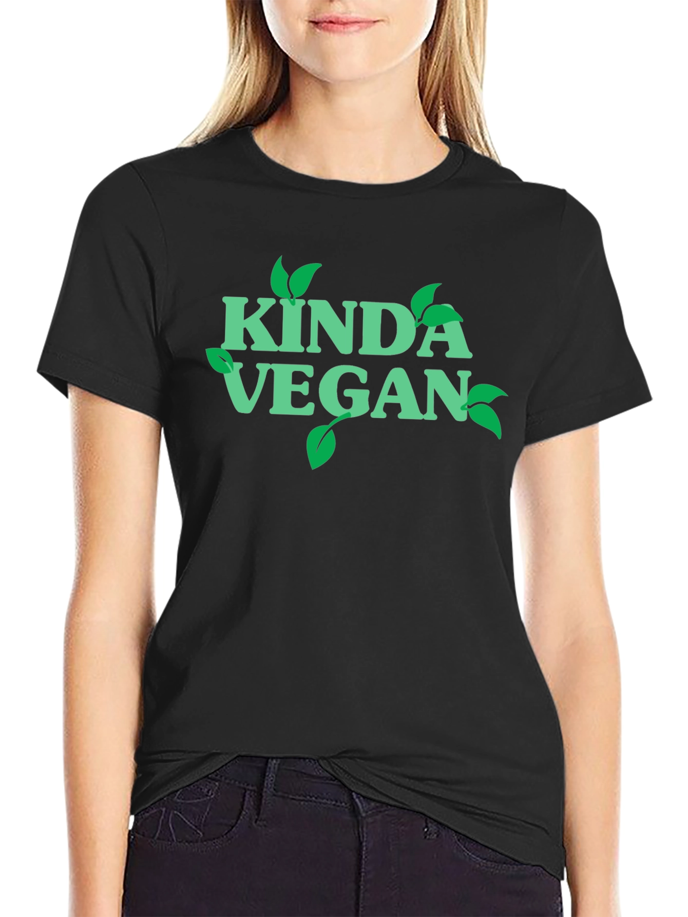 Black Kinda Vegan T-Shirt - Green Leaf Design view 2
