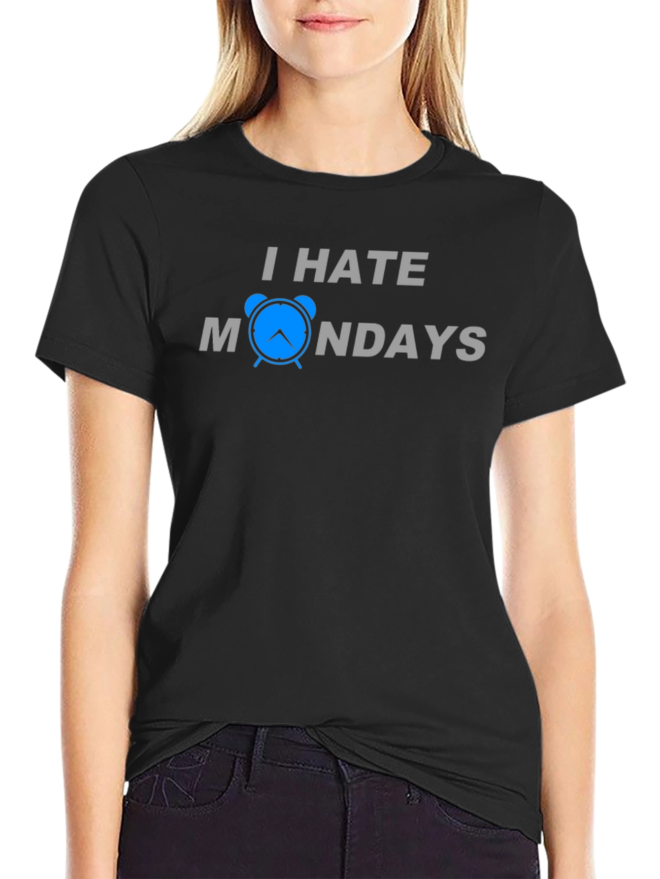 Black I Hate Mondays T-Shirt - Funny Alarm Clock Design view 2