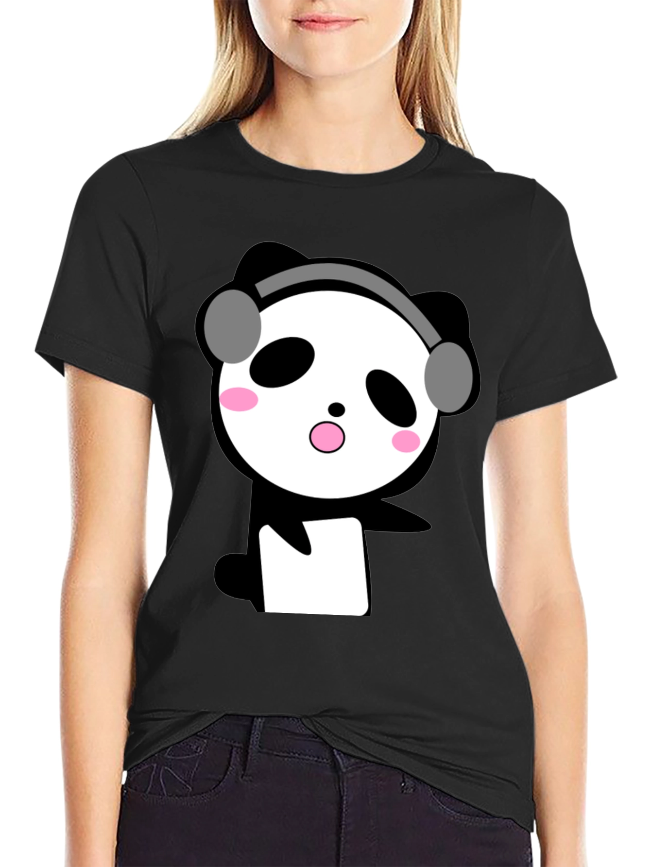 Black Cute Panda with Headphones Black T-Shirt view 2