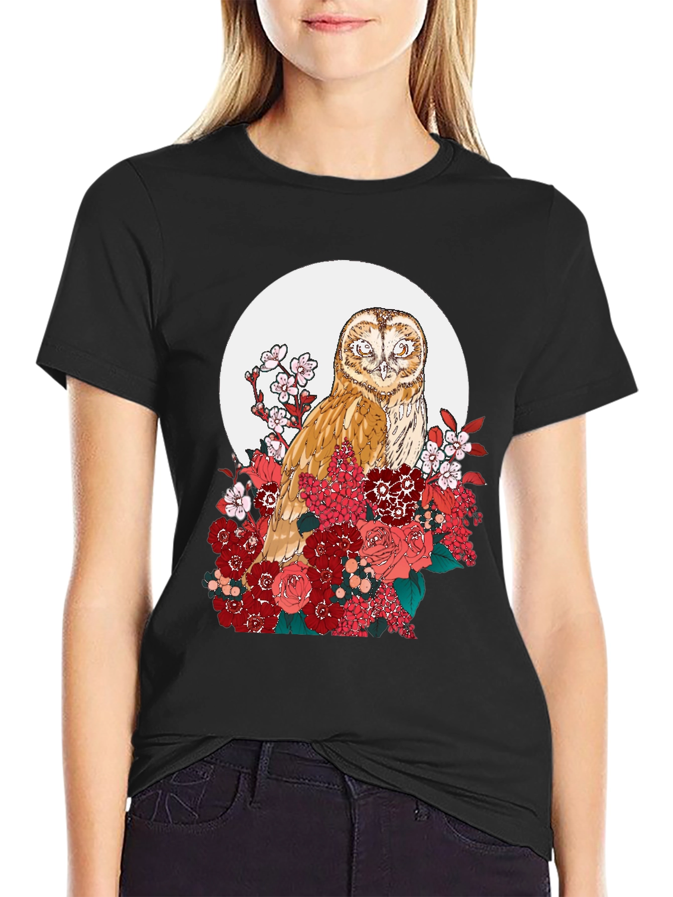 Black Owl and Floral Black T-Shirt view 2