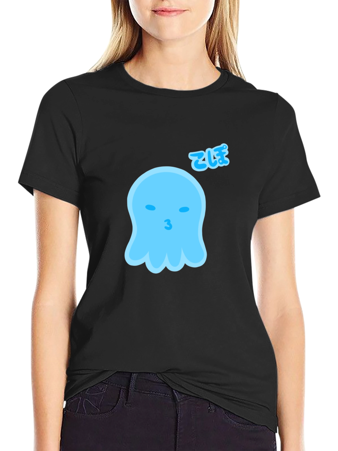 Black Cute Blue Ghost Graphic Tee - Soft Cotton Blend view 2