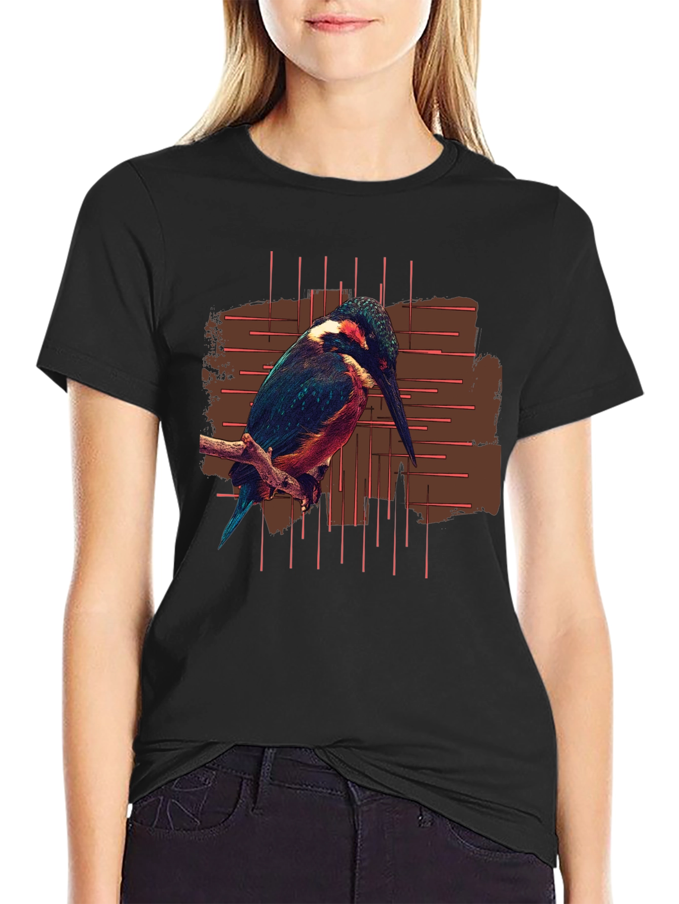 Black Kingfisher Bird Graphic Print Black T-Shirt view 2