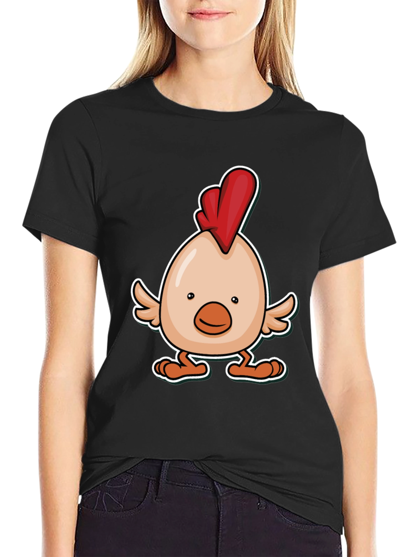 Black Cartoon Chicken Graphic Tee - Black Cotton Blend view 2