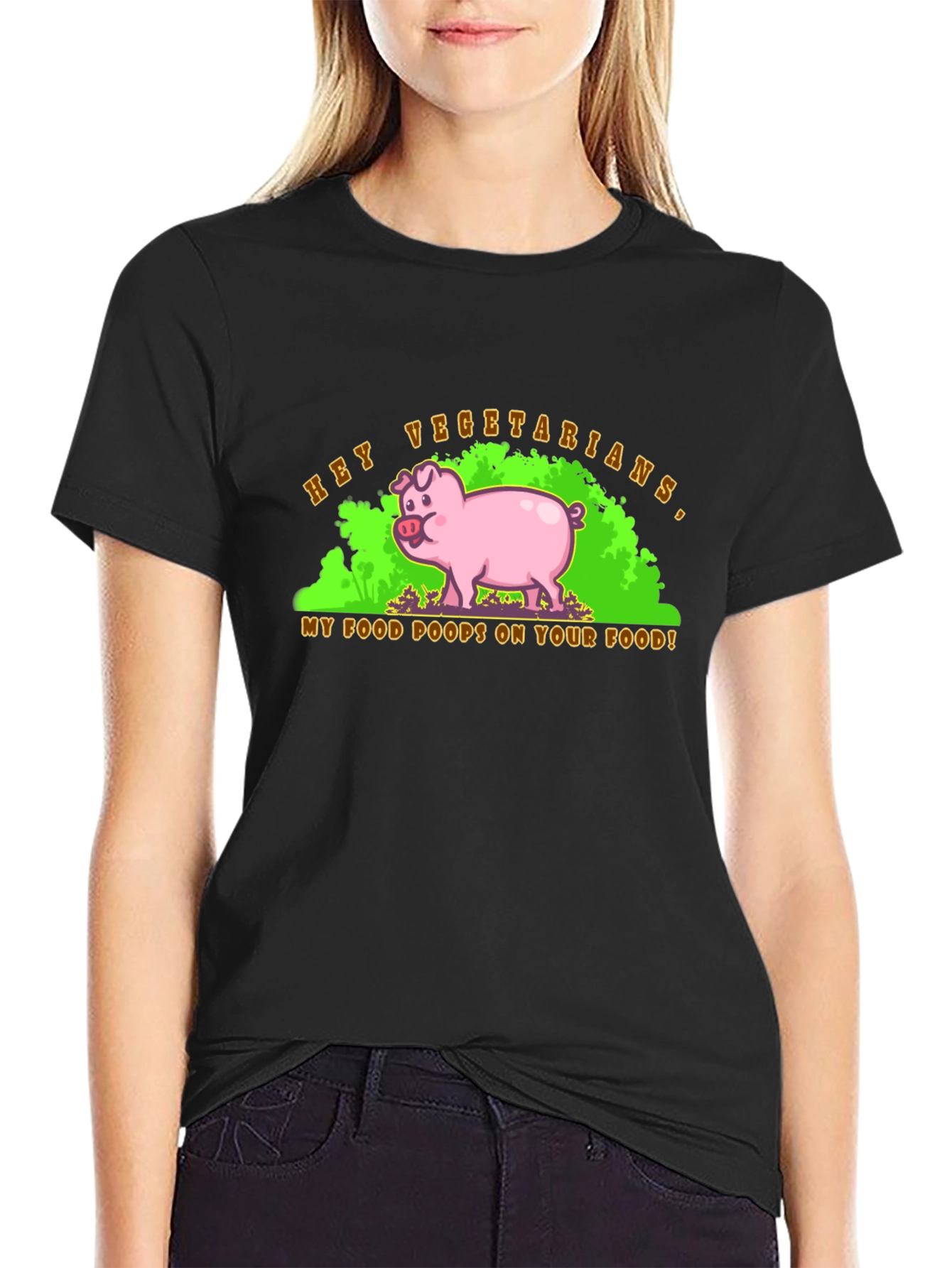 Black Hey Vegetarians Pig Humor Graphic T-Shirt view 2