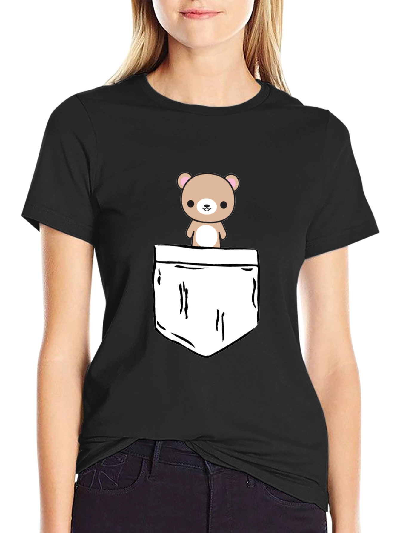 Black Cute Bear Pocket Graphic T-Shirt view 2