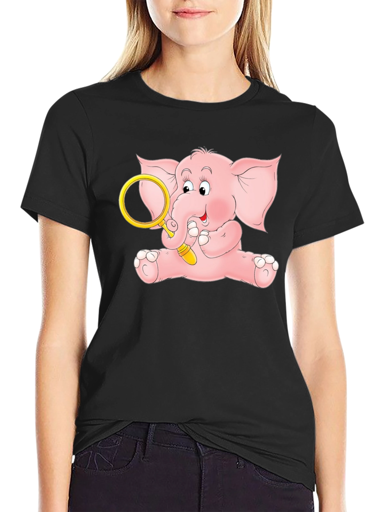 Black Cute Elephant Graphic Tee - Black Cotton Shirt view 2