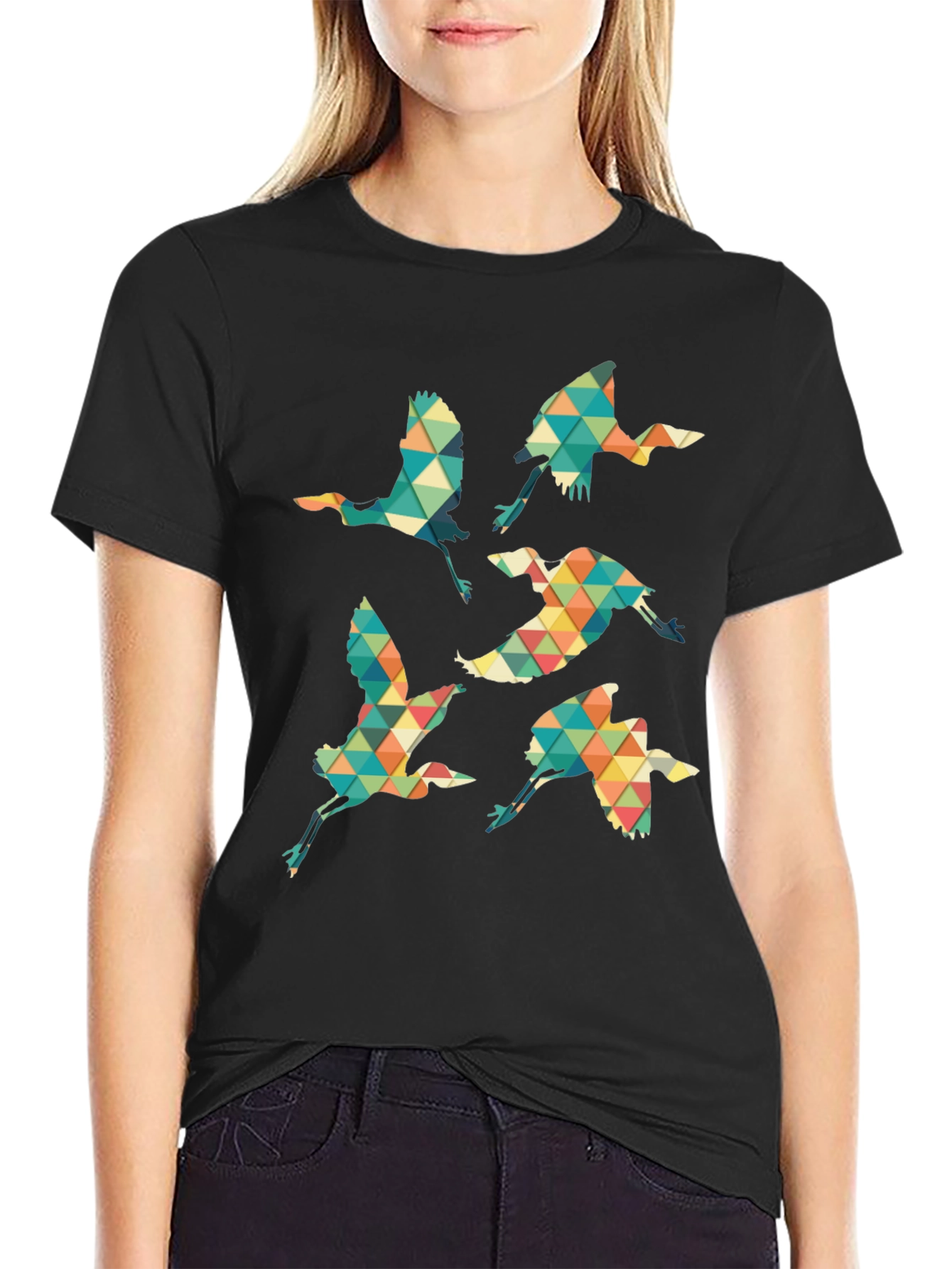 Black Geometric Crane Print Black T-Shirt view 2