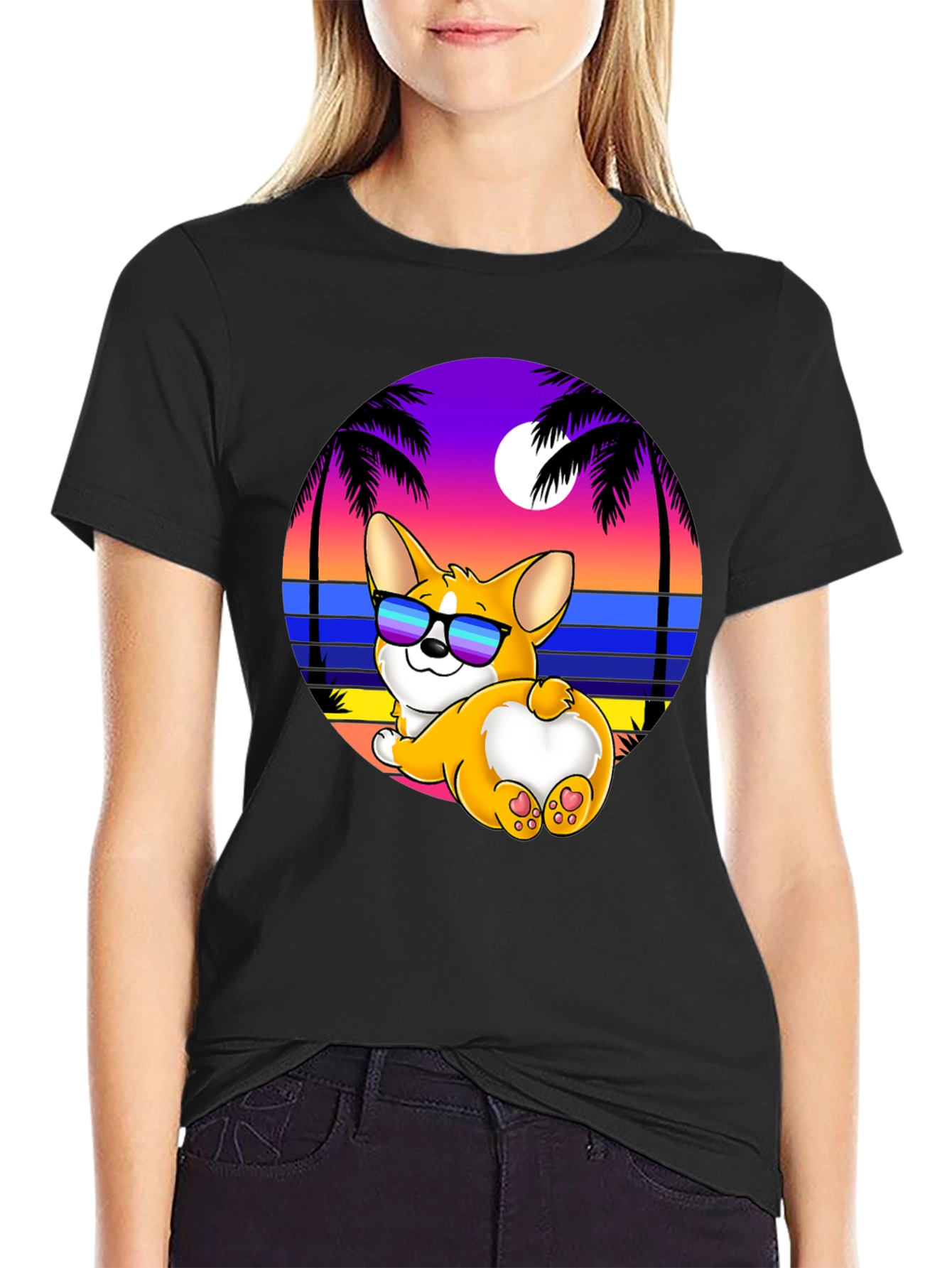 Black Corgi Beach T-Shirt view 2
