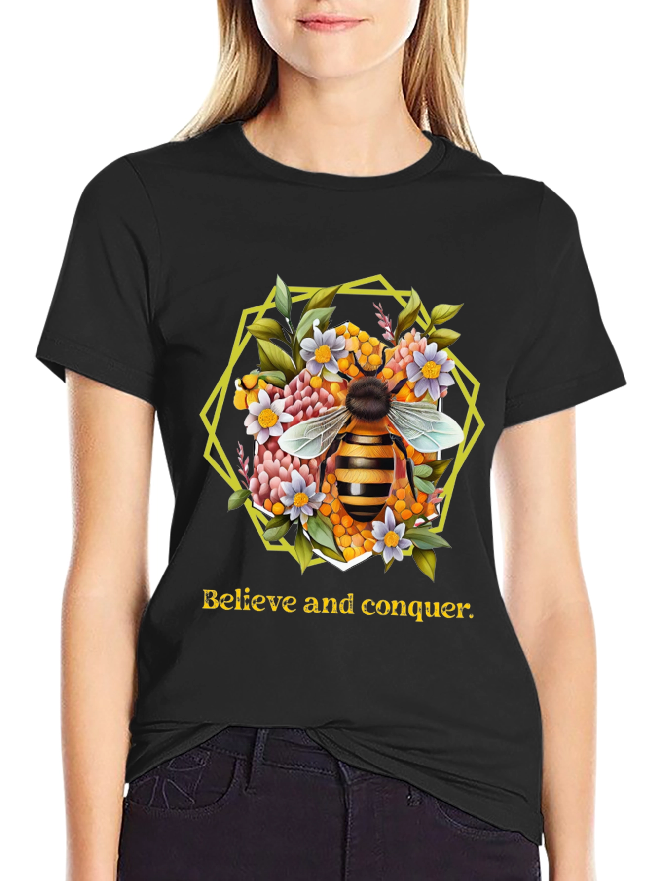 Black Believe and Conquer Bee Graphic Tee view 2