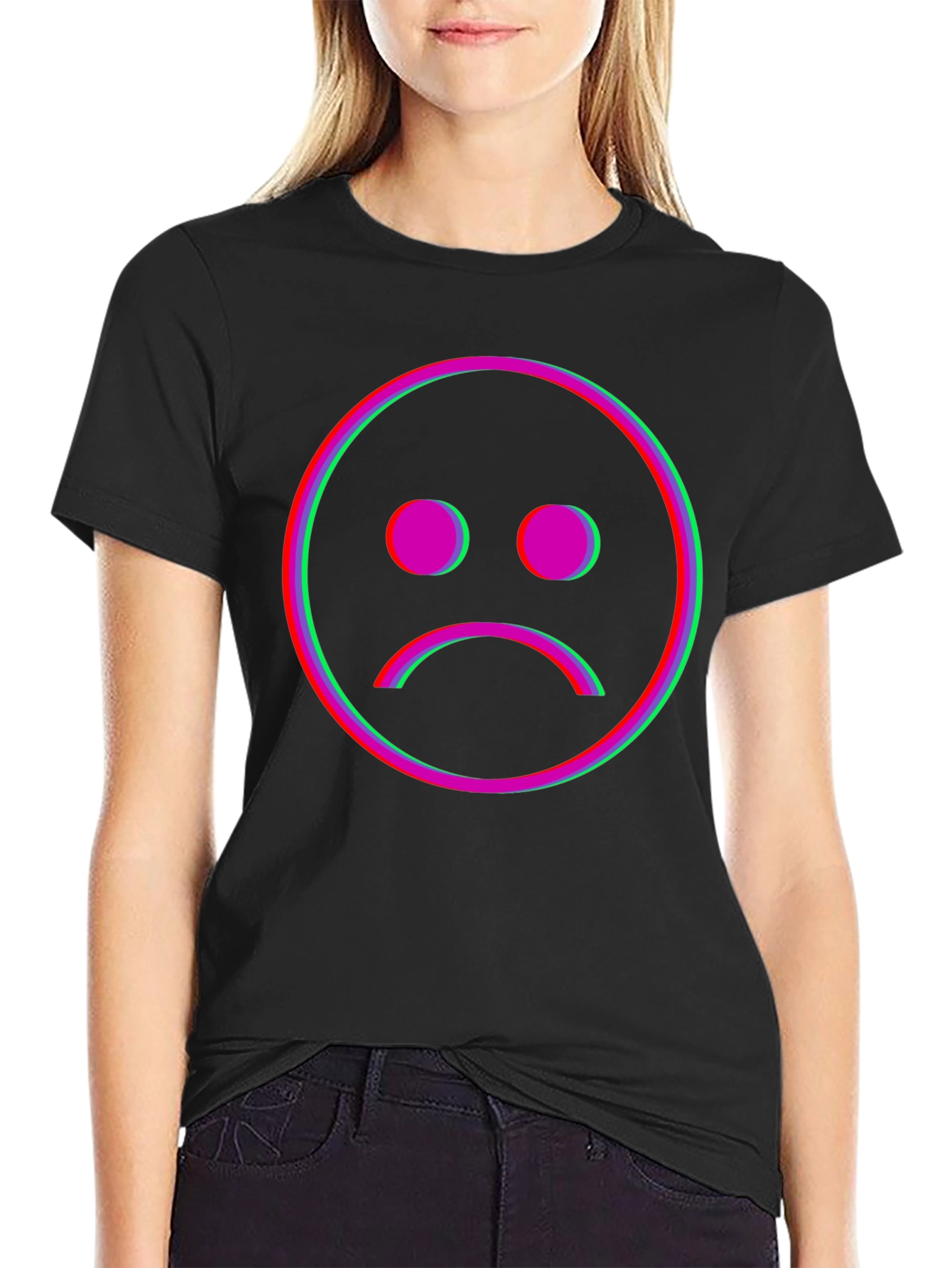 Black Sad Face Glitch Graphic Black T-Shirt view 2