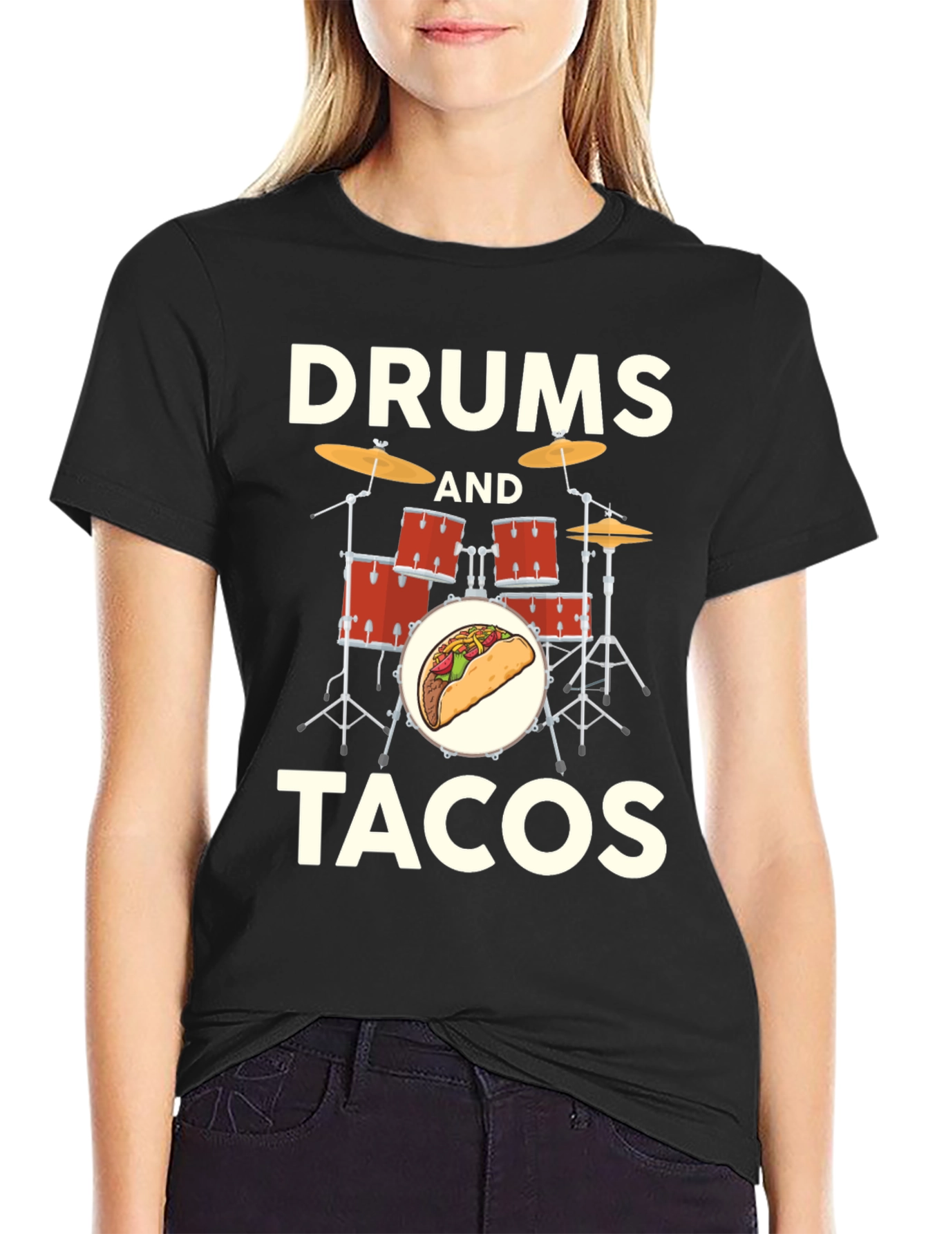 Black Drums and Tacos T-Shirt: Musician Foodie Tee view 2