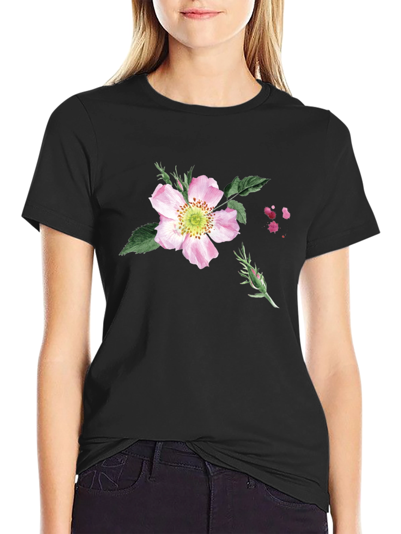 Black Floral Print Black T-Shirt - Botanical Style view 2