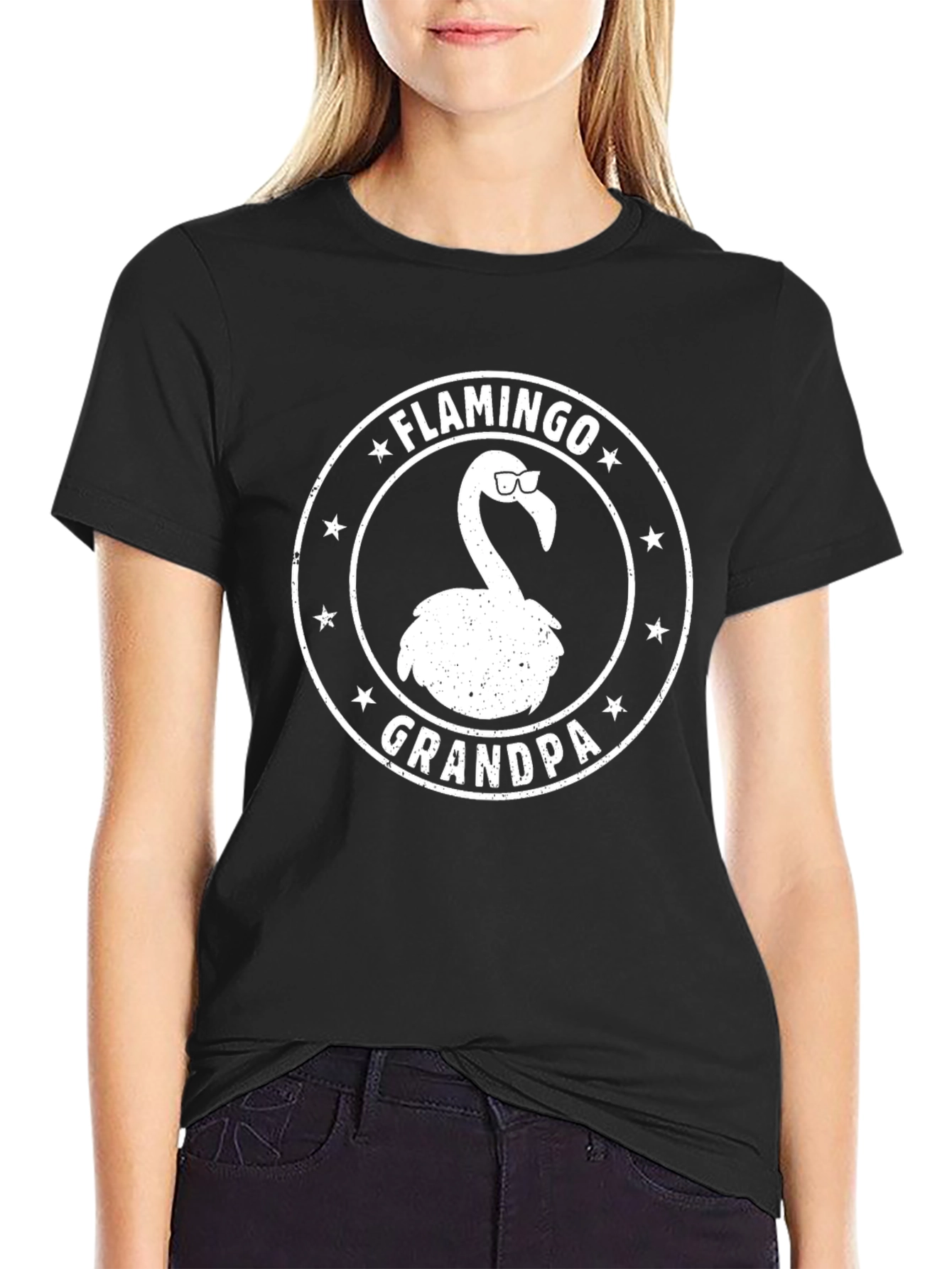 Black Flamingo Grandpa Graphic Tee - Black Cotton T-Shirt view 2