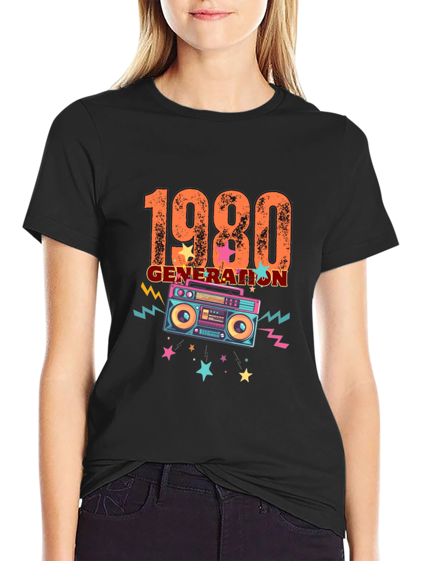 Black Retro 1980s Generation Boombox Graphic T-Shirt view 2