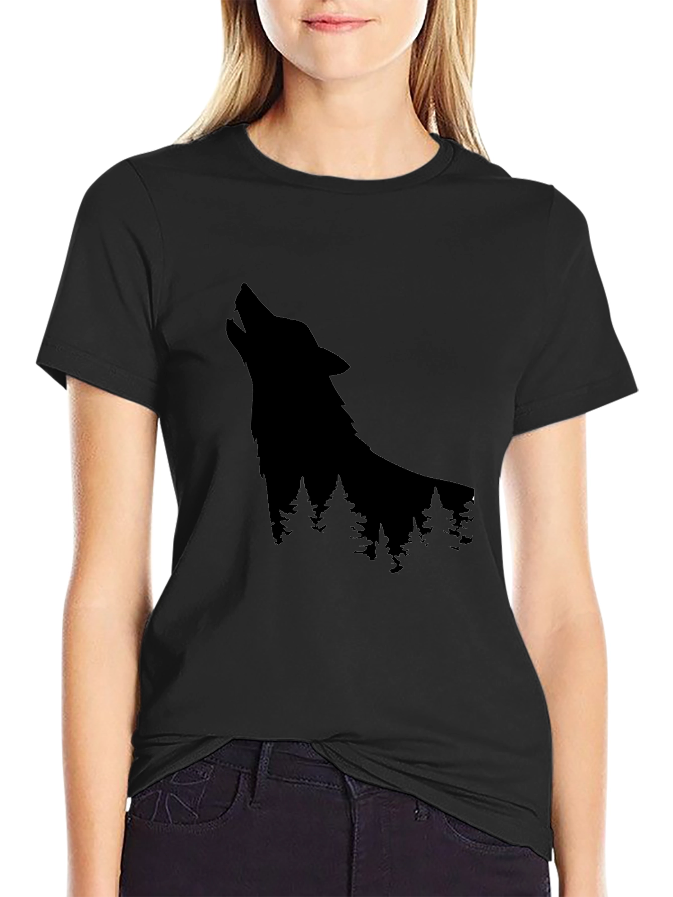 Black Wolf Silhouette Black Graphic Tee view 2