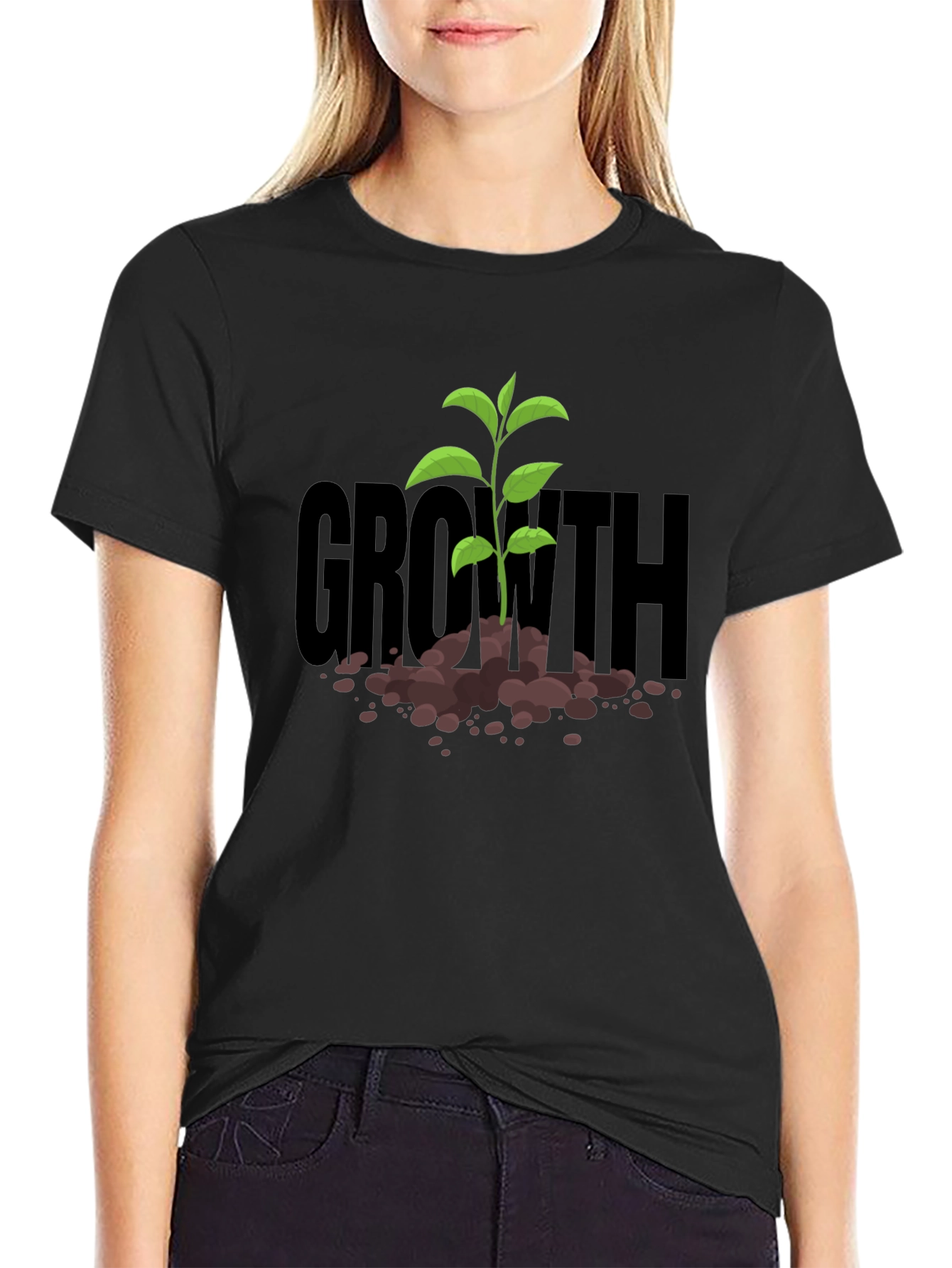 Black Growth Sprout T-Shirt - Black Cotton Tee view 2