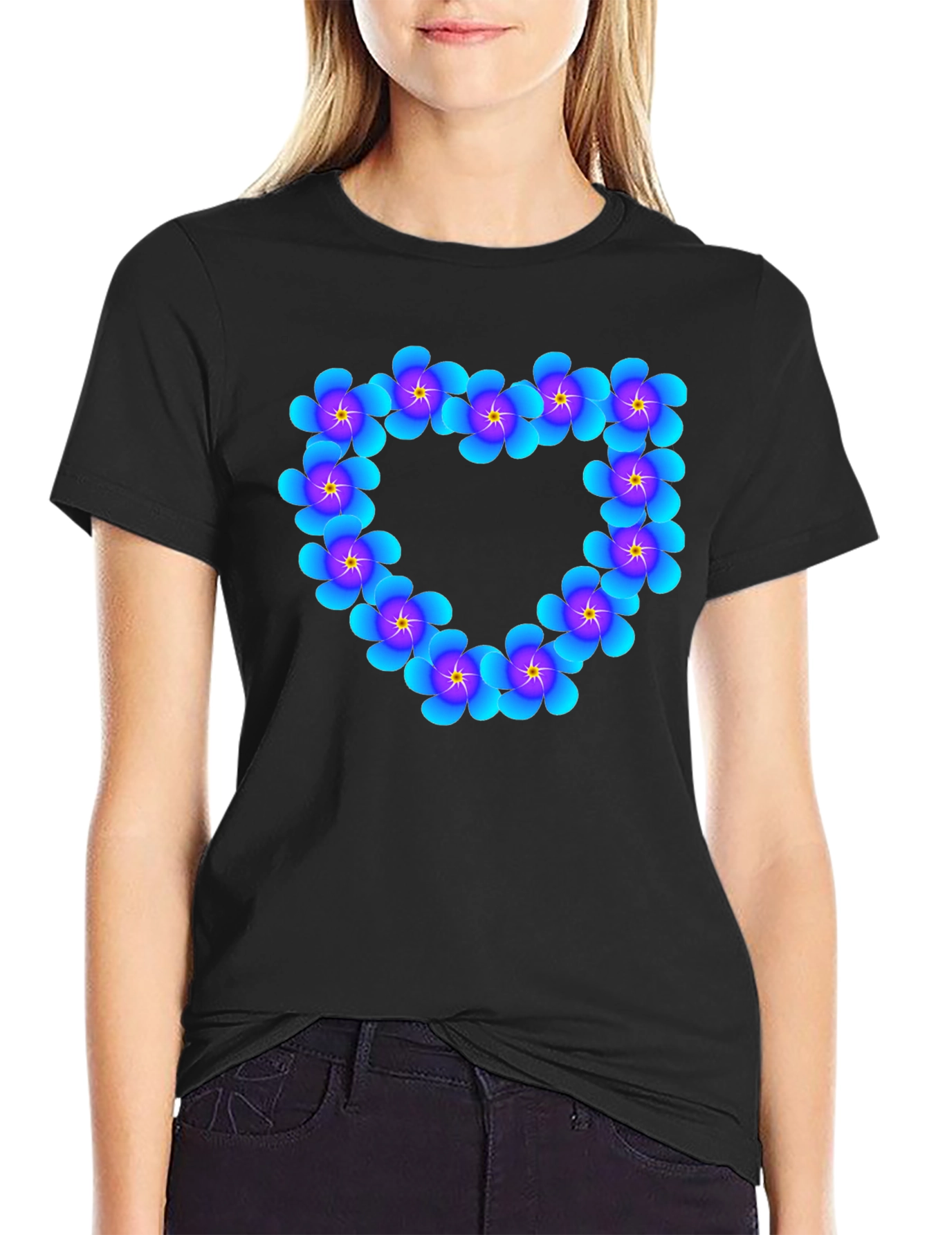 Black Floral Heart Graphic Black T-Shirt view 2