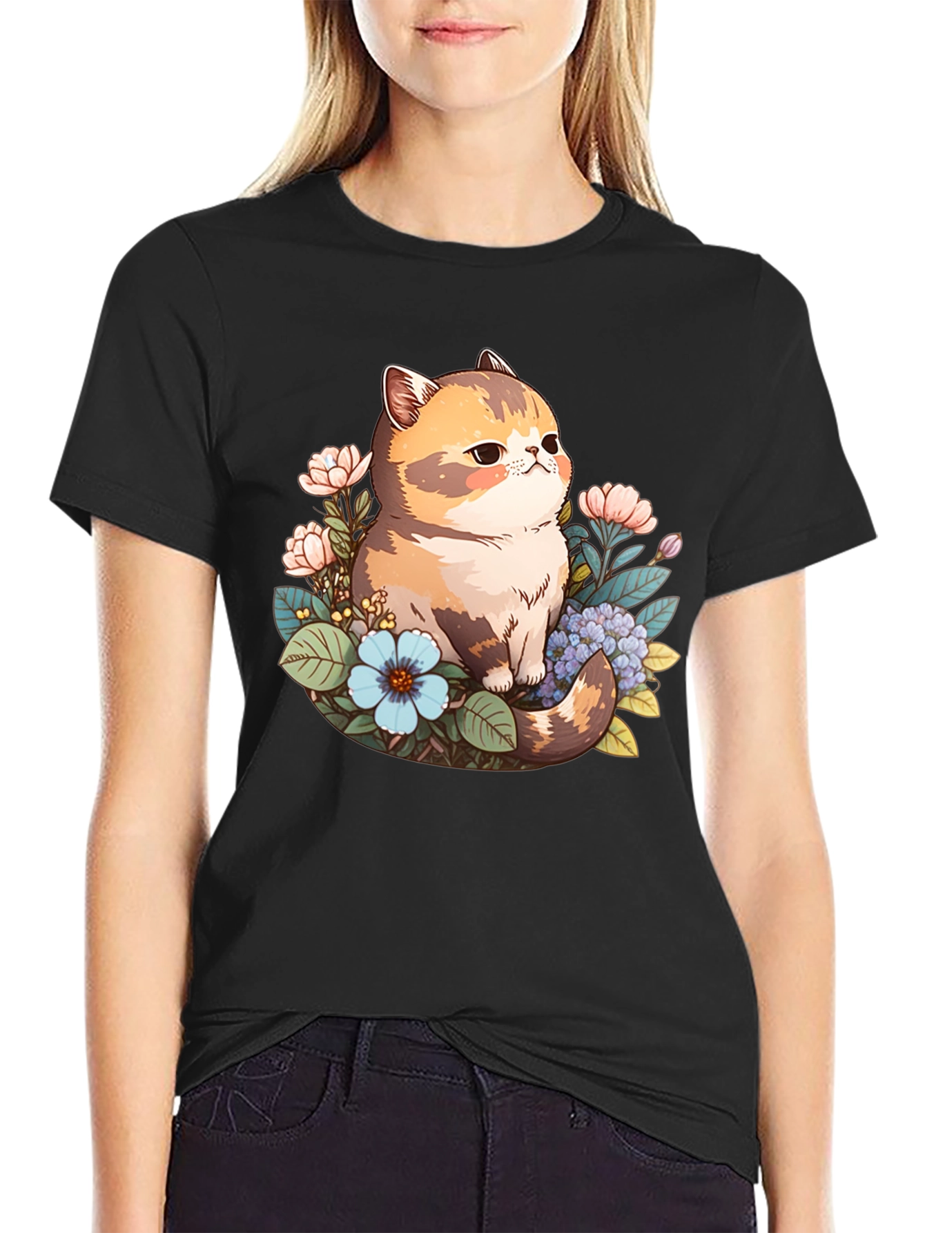 Black Cute Cat Floral Graphic Black T-Shirt view 2
