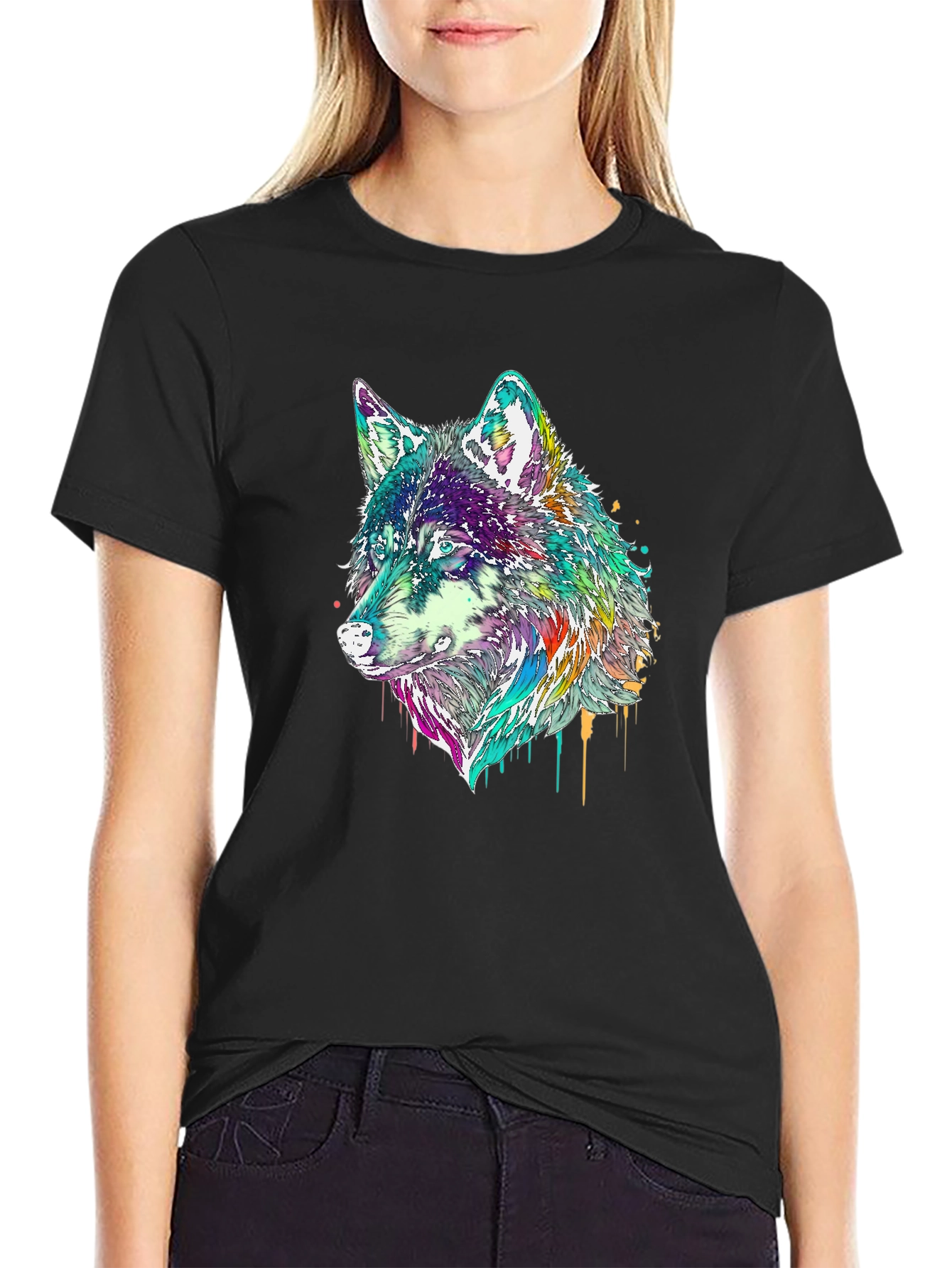 Black Wolf Graphic Tee - Colorful Animal Print view 2