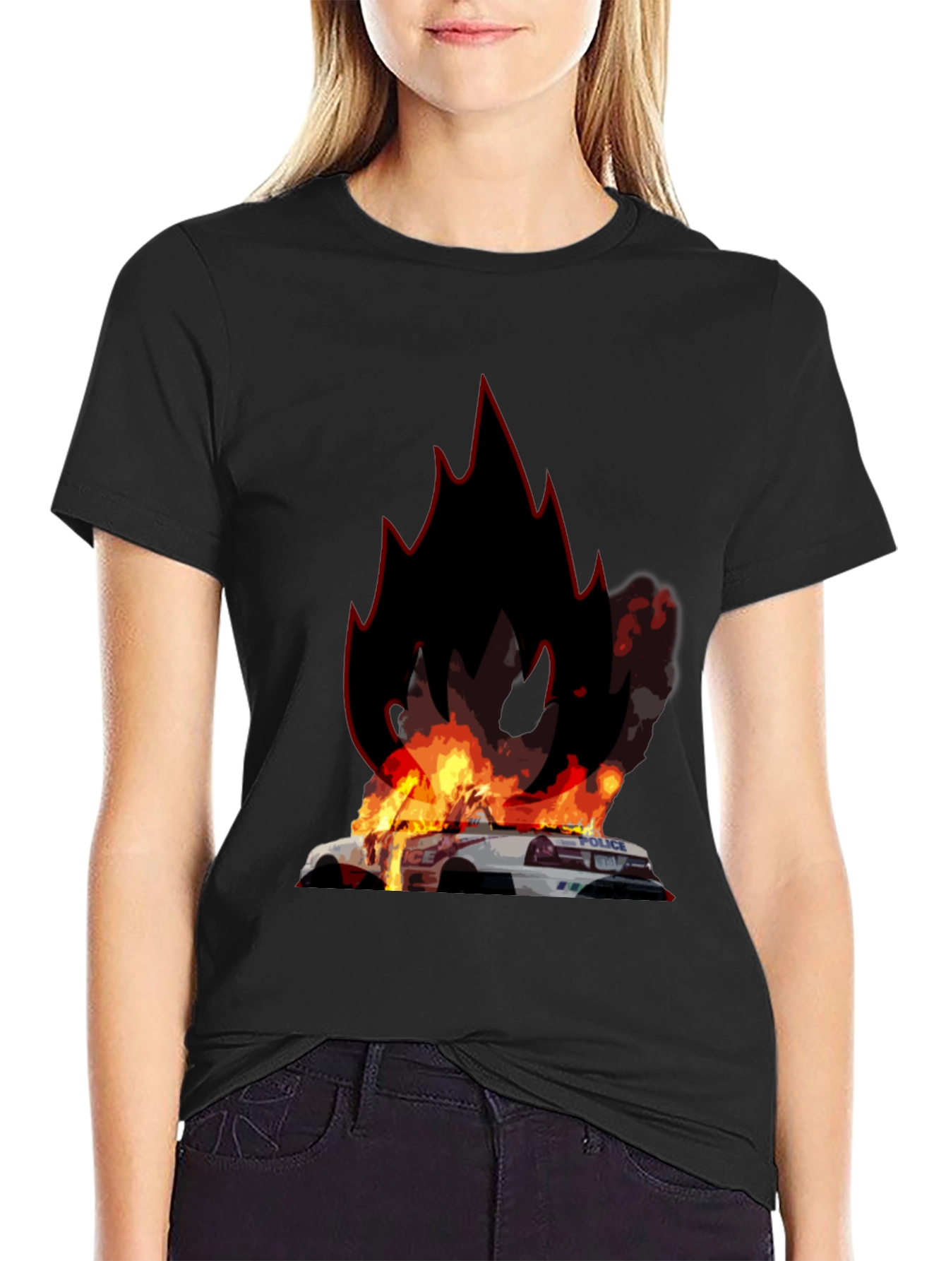 Black Burning Police Car T-Shirt - Bold Graphic Tee view 2