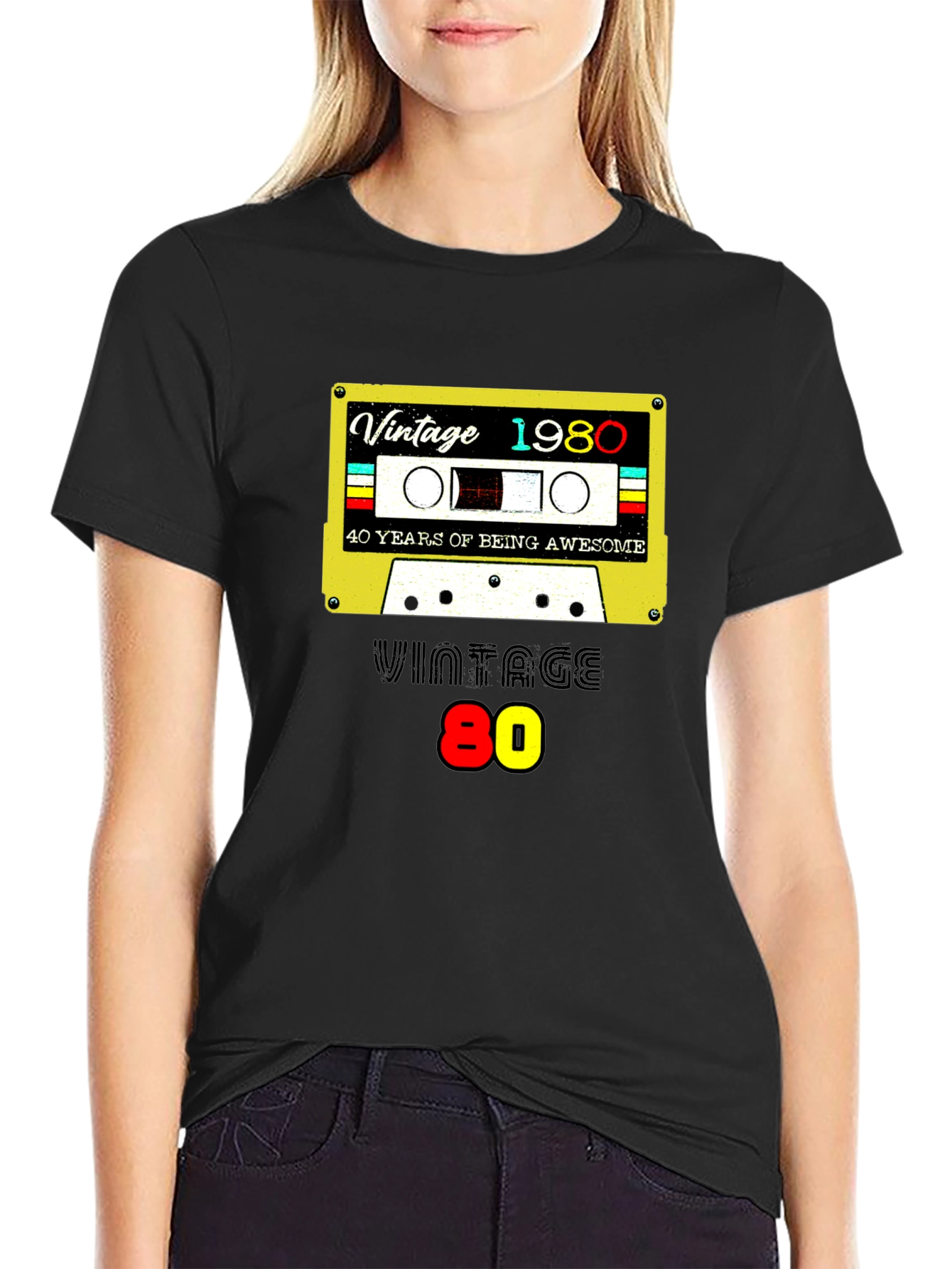 Black Vintage 1980 Cassette Tape Graphic T-Shirt view 2