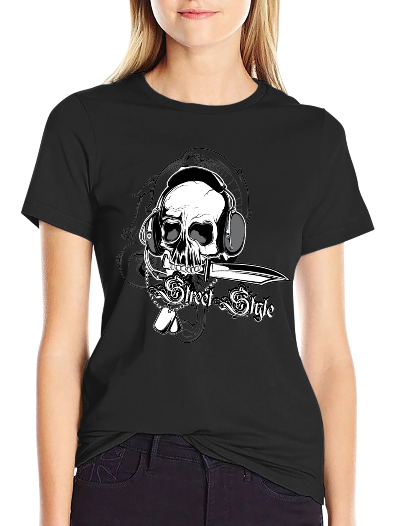 Black Skull with Headphones Graphic Tee view 2