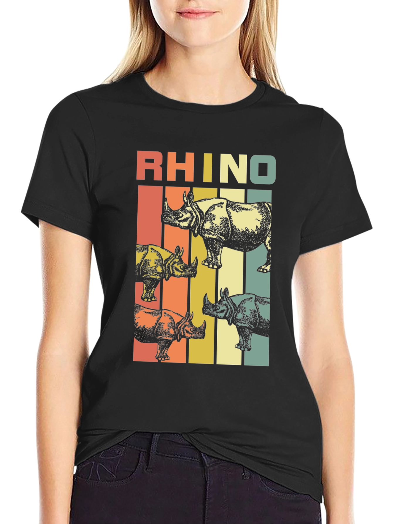 Black Retro Rhino T-Shirt: Vintage Style Animal Tee view 2