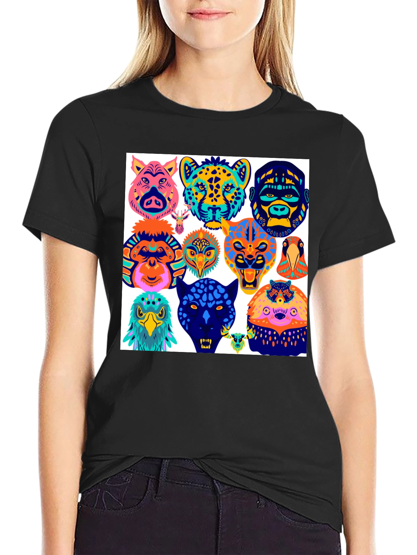 Black Animal Faces Graphic Tee - Modern Abstract Design view 2