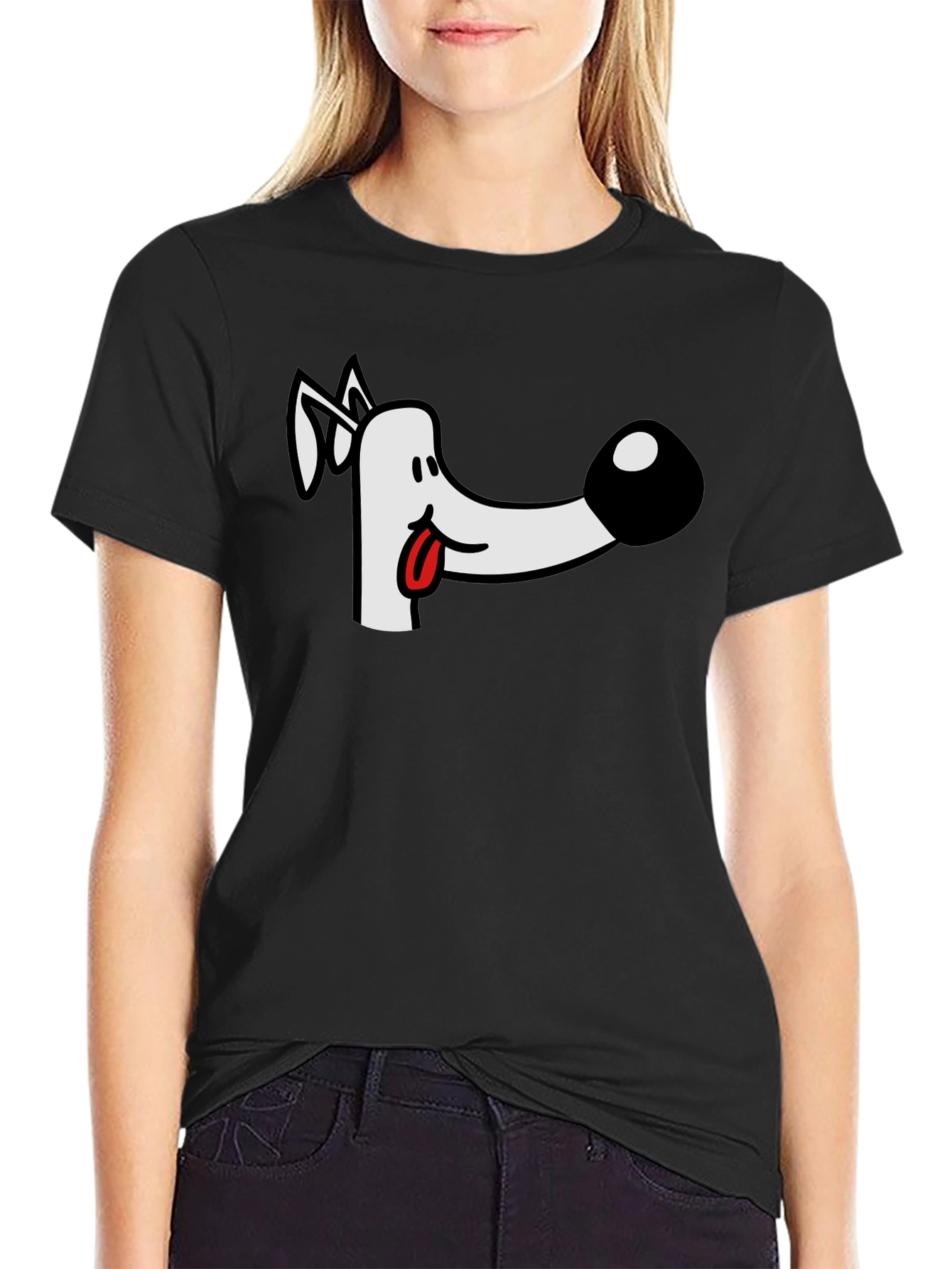 Black Cartoon Dog Graphic Tee - Black Cotton T-Shirt view 2