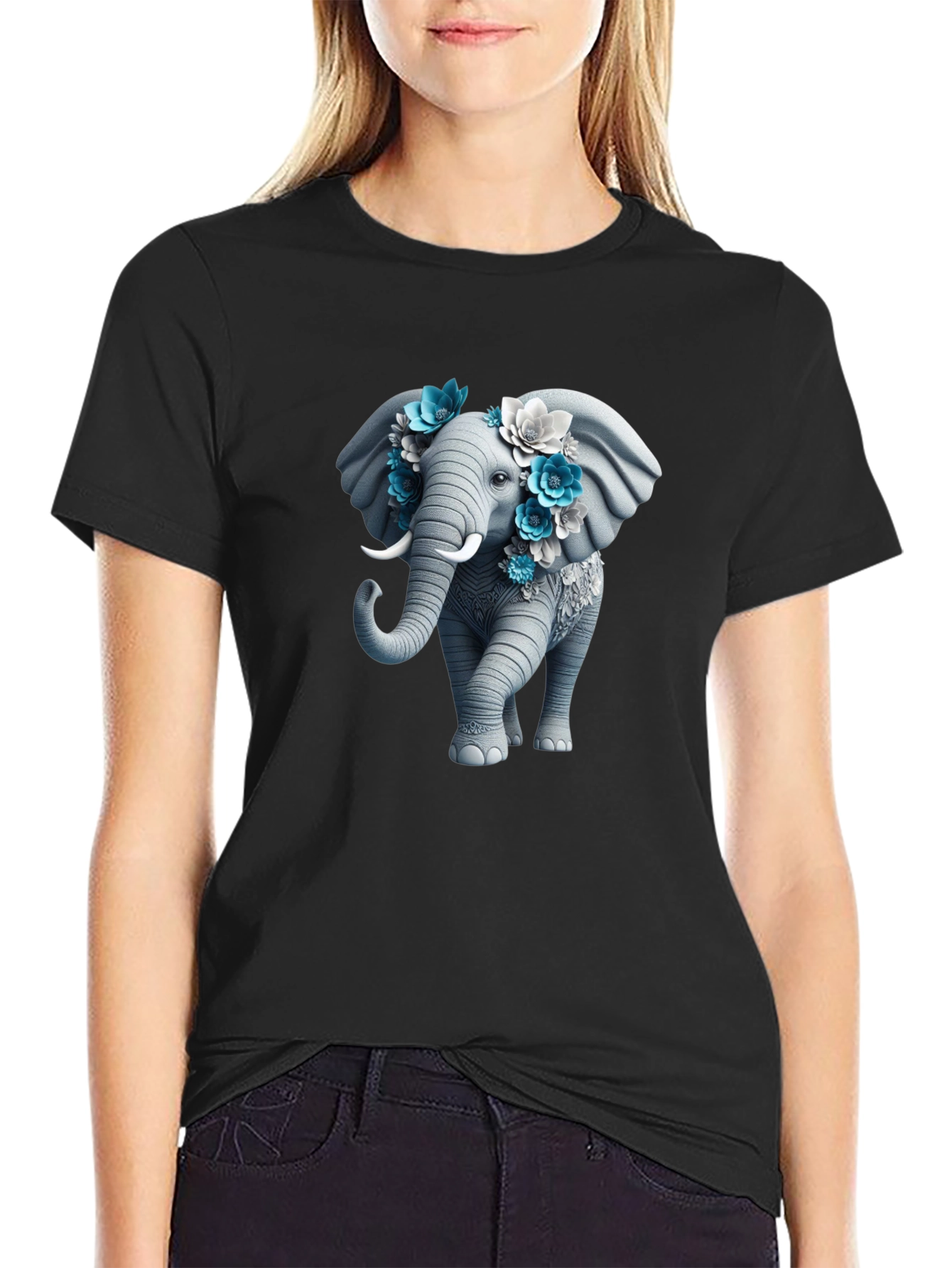 Black Floral Elephant Graphic Tee - Unique Design view 2