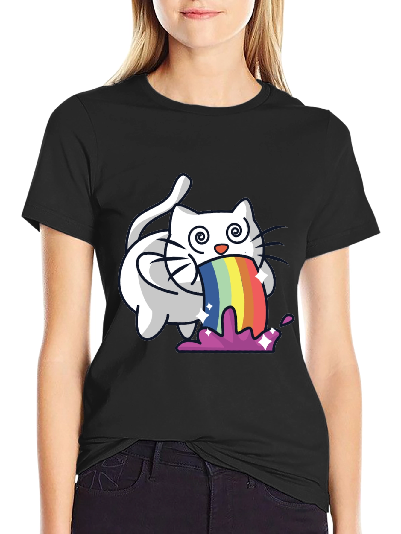 Black Rainbow Puking Cat T-Shirt - Funny Graphic Tee view 2