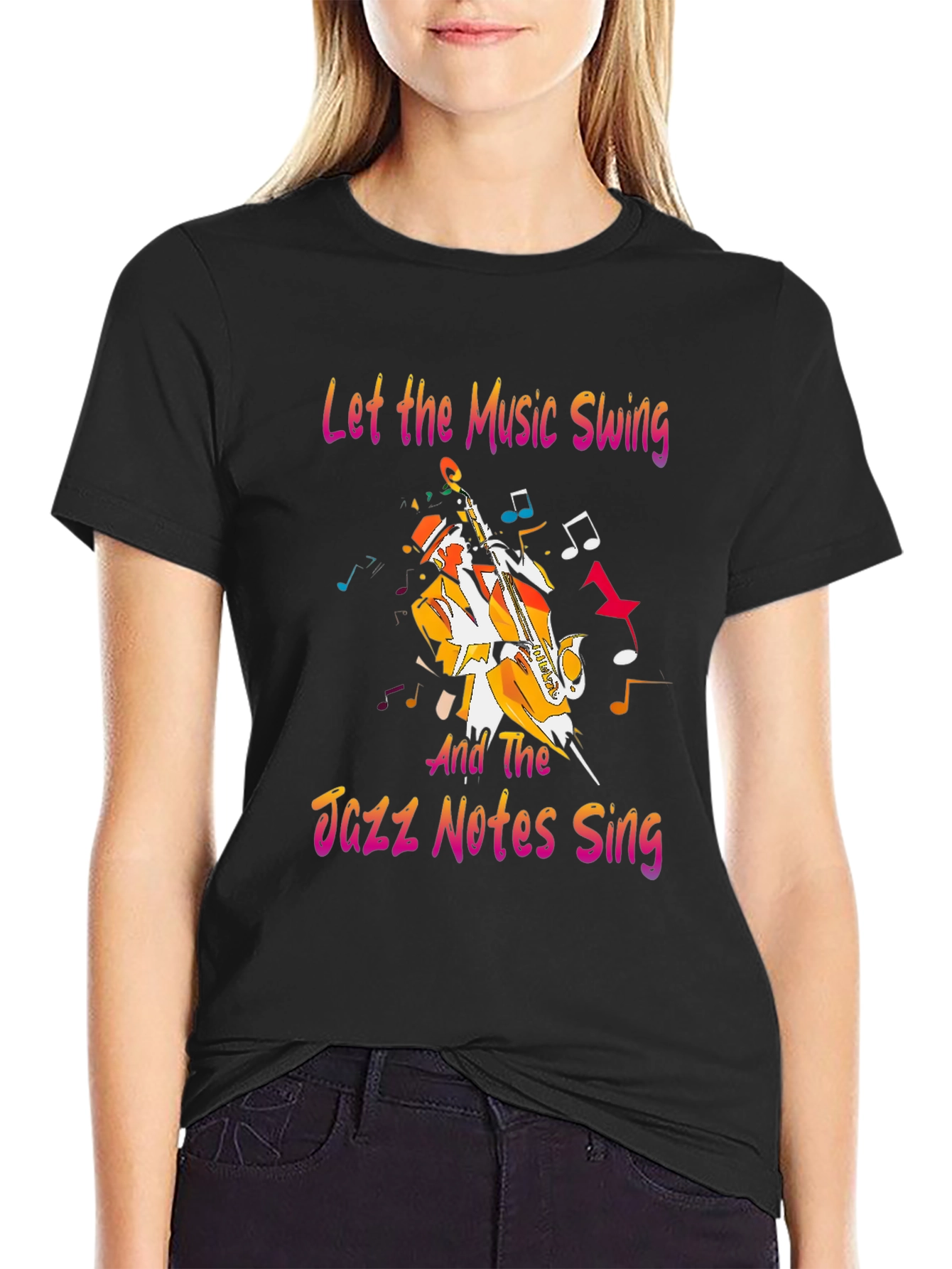 Black Jazz Music T-Shirt - Let the Music Swing Graphic Tee view 2